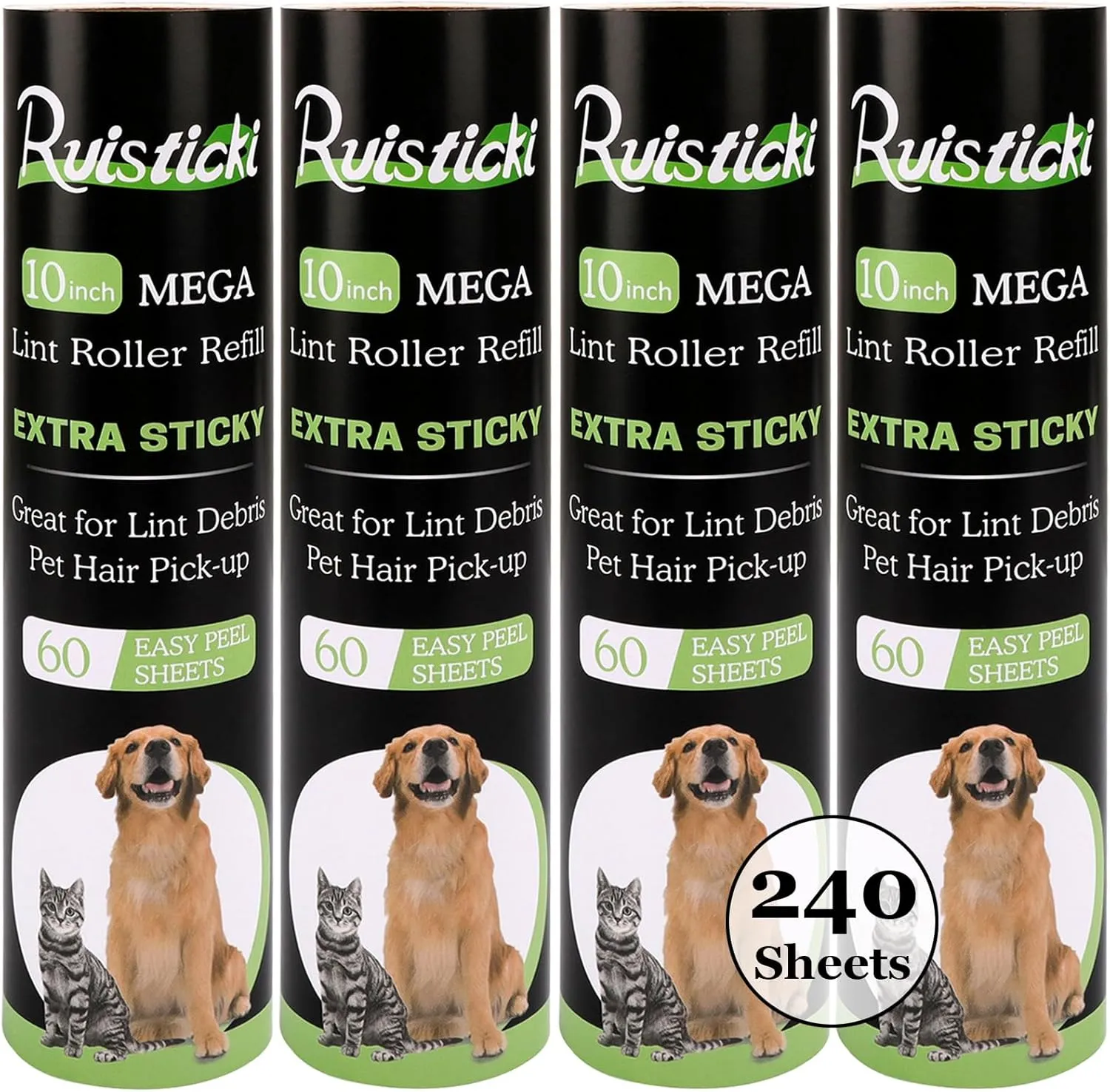 10 inch Lint Roller Refill Compatible with Large Mega 10 in Wide Lint Rollers, Pack of 4 Refills, 60 Sheets per Refill, Total 240 Extreme Stick Sheets