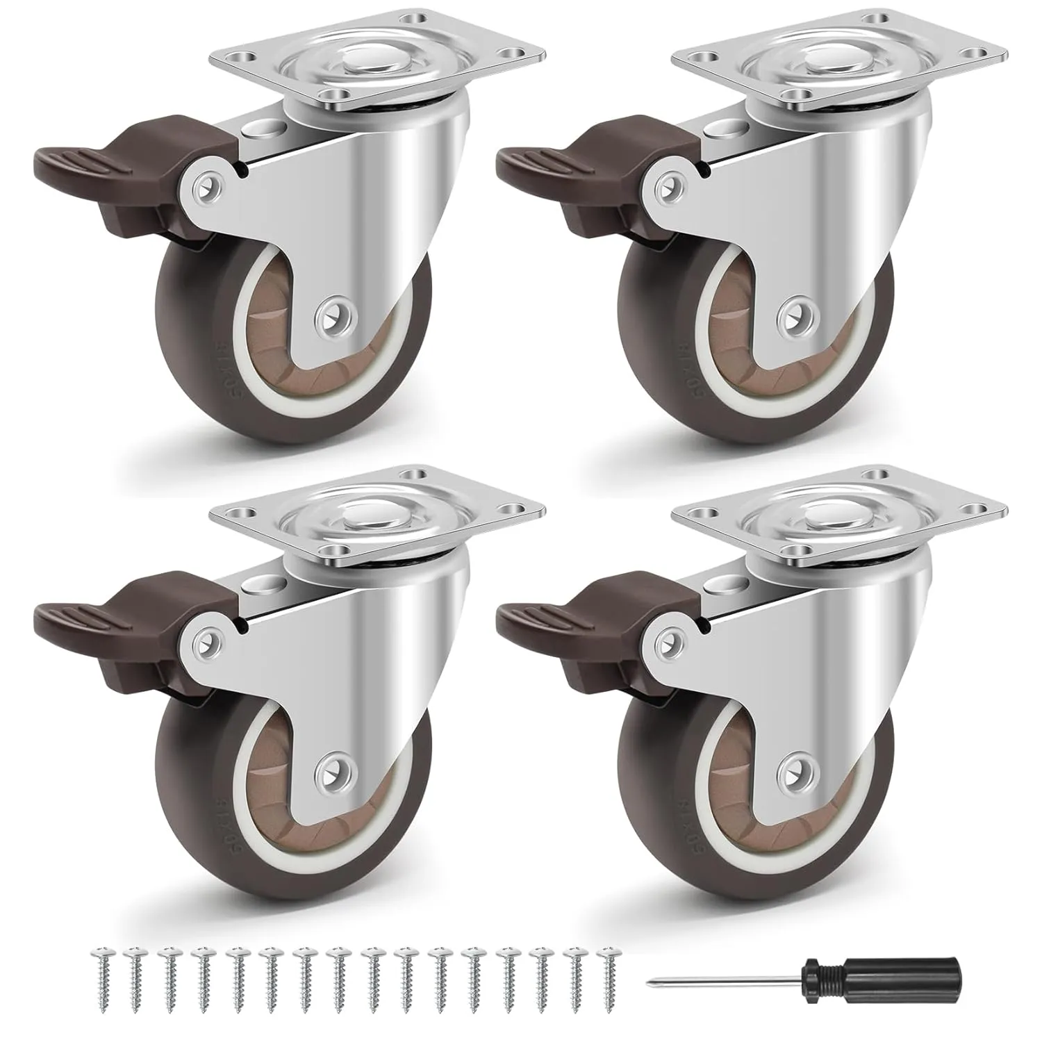 2 Inch Caster Wheels - No Noise Rubber Wheels with Locking Brakes, Small Casters Set of 4 Load Capacity 600LBS, Ball Bearing Plate Swivel Castors for Furniture, Desk, Cabinet, Plant Stand