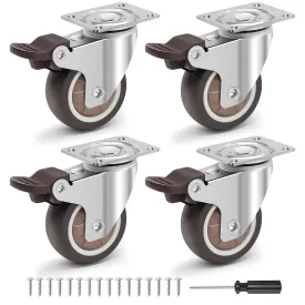 2 Inch Caster Wheels - No Noise Rubber Wheels with Locking Brakes, Small Casters Set of 4 Load Capacity 600LBS, Ball Bearing Plate Swivel Castors for Furniture, Desk, Cabinet, Plant Stand