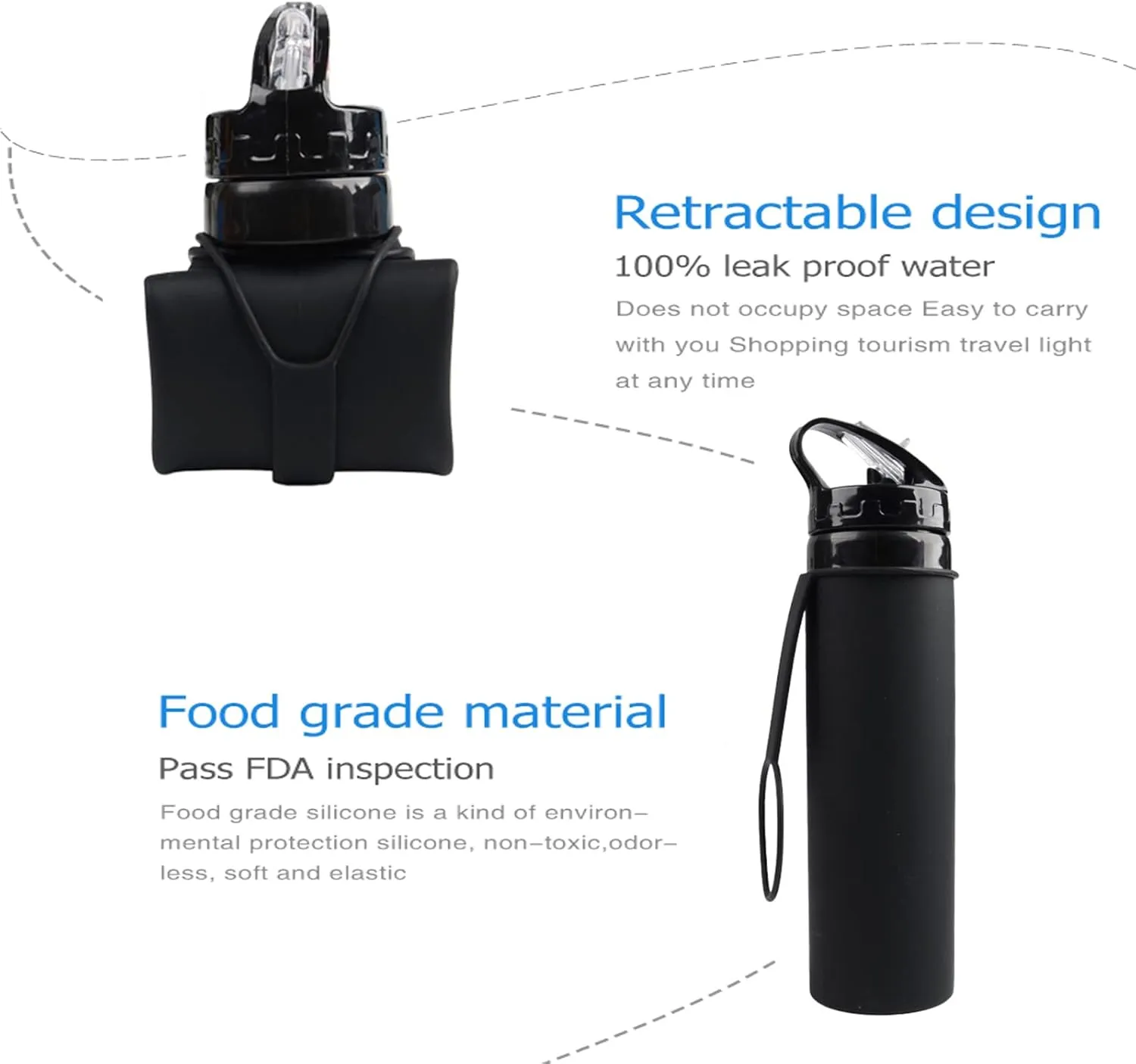 21oz 600ml Silicone Travel Water Bottle, Reusable Water Bottles For School, Collapsible Water Bottles for Traveling, Foldable Sports Water Bottle Squeeze, Travel Essentials(Black)