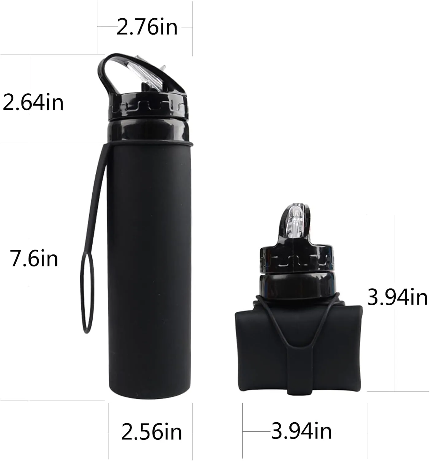 21oz 600ml Silicone Travel Water Bottle, Reusable Water Bottles For School, Collapsible Water Bottles for Traveling, Foldable Sports Water Bottle Squeeze, Travel Essentials(Black)