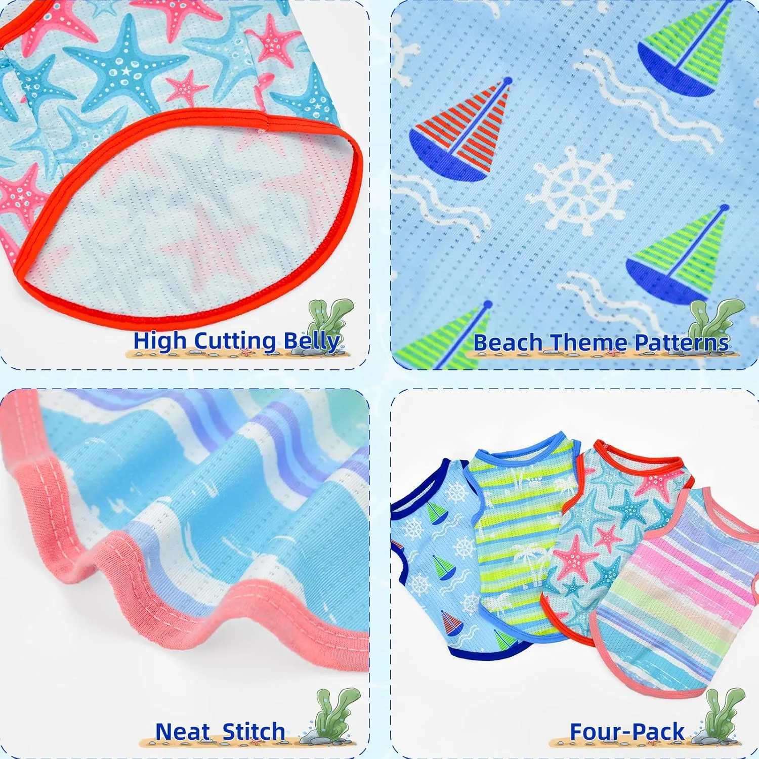 4-Pack Dog Cooling Shirt Dog Summer Tank Tops Puppy Cooling Quick Dry Sleeveless Shirts with Stripe Beach Seafish Sailboat Patterns Dog Cooling Vest for Small Meddium Dogs XS