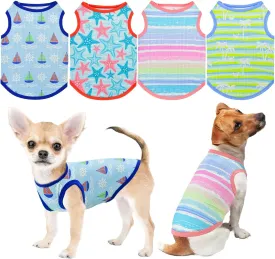 4-Pack Dog Cooling Shirt Dog Summer Tank Tops Puppy Cooling Quick Dry Sleeveless Shirts with Stripe Beach Seafish Sailboat Patterns Dog Cooling Vest for Small Meddium Dogs XS