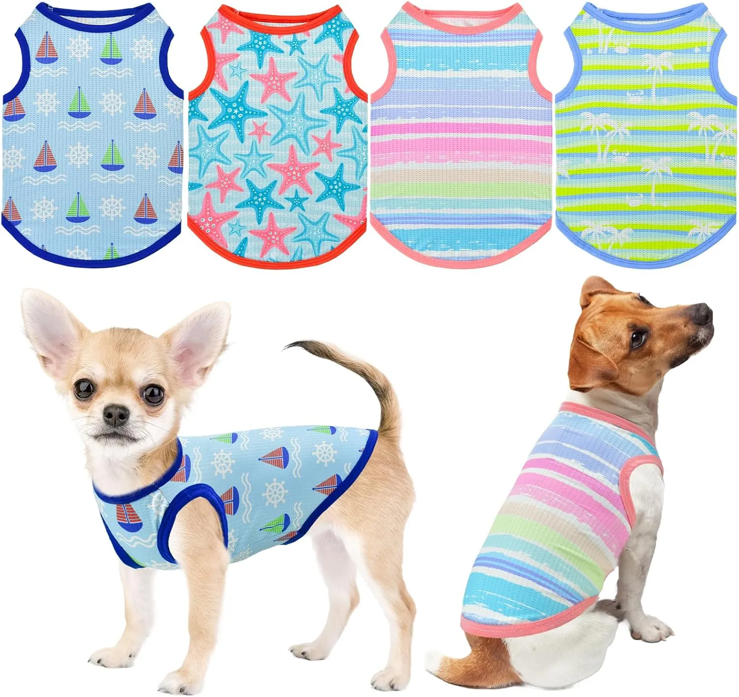 4-Pack Dog Cooling Shirt Dog Summer Tank Tops Puppy Cooling Quick Dry Sleeveless Shirts with Stripe Beach Seafish Sailboat Patterns Dog Cooling Vest for Small Meddium Dogs XS