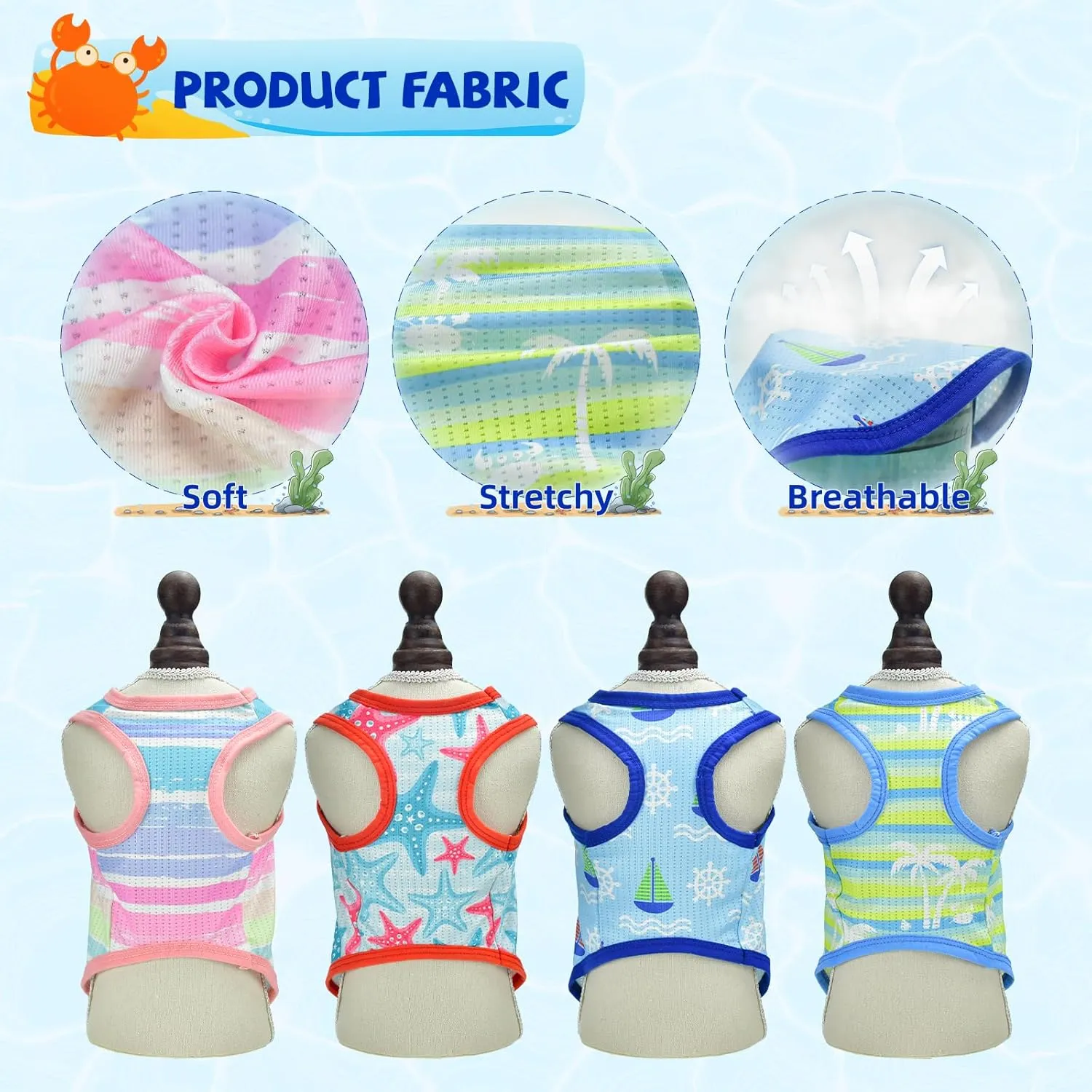 4-Pack Dog Cooling Shirt Dog Summer Tank Tops Puppy Cooling Quick Dry Sleeveless Shirts with Stripe Beach Seafish Sailboat Patterns Dog Cooling Vest for Small Meddium Dogs XS