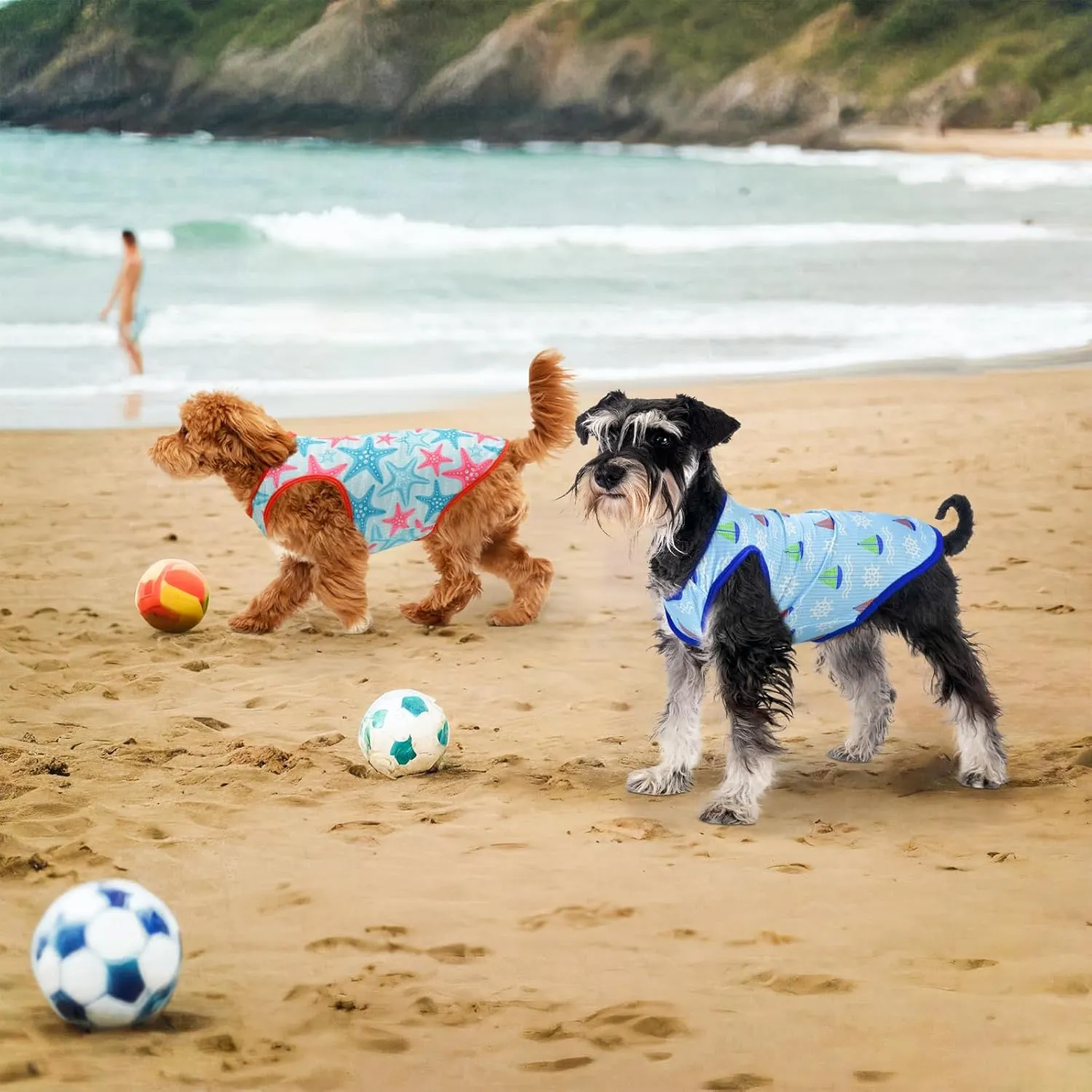 4-Pack Dog Cooling Shirt Dog Summer Tank Tops Puppy Cooling Quick Dry Sleeveless Shirts with Stripe Beach Seafish Sailboat Patterns Dog Cooling Vest for Small Meddium Dogs XS
