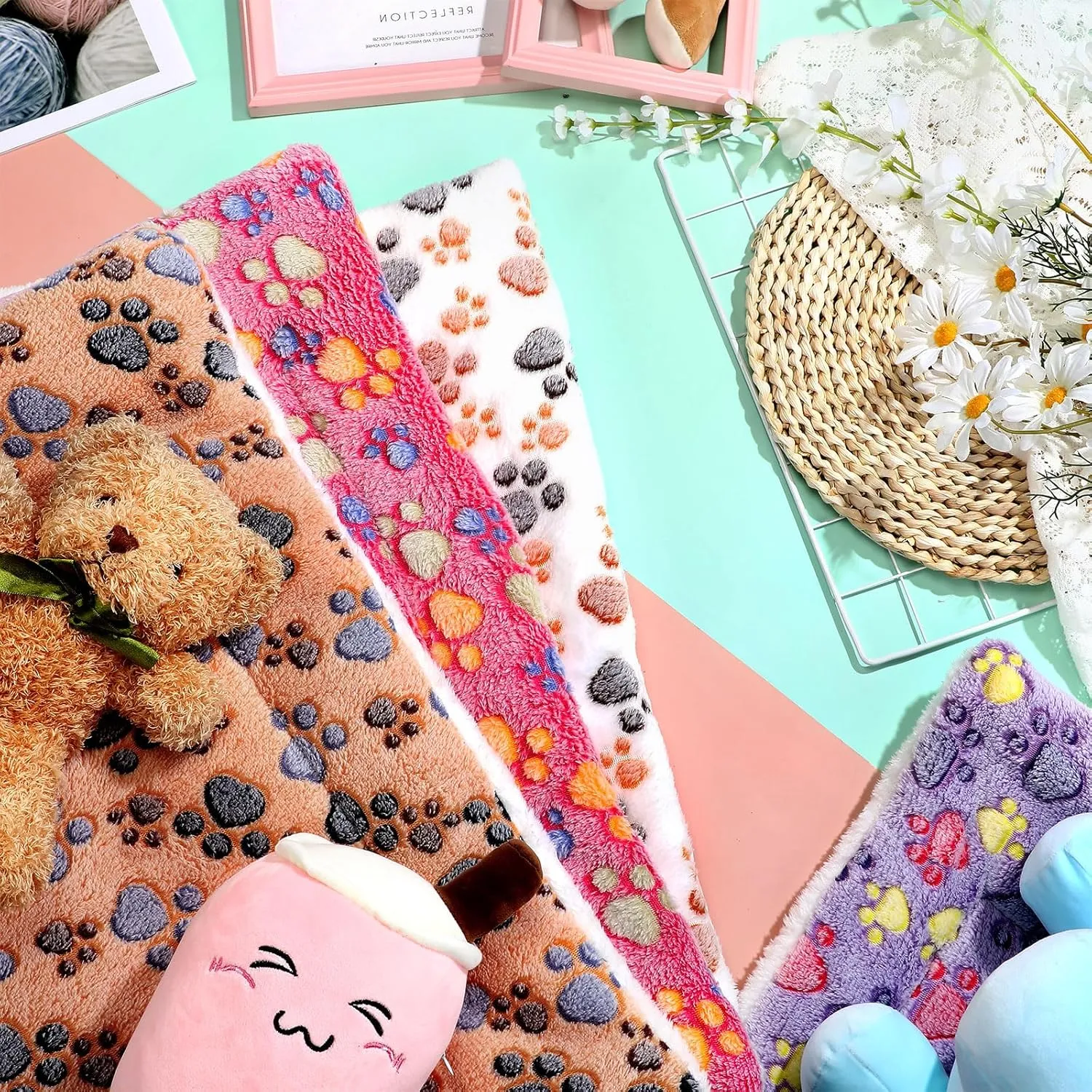 4 Pack Ultra Soft Dog Cat Bed Mat with Cute Prints Reversible Fleece Dog Crate Kennel Pad Cozy Washable Thickened Hamster Guinea Pig Pet Bed Mat for Small Animals(42 x 28 Inches,Vivid Color)