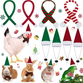 8 Pack Christmas Small Animal Costume Guinea Pig Santa Hat with Scarf for Chicken Rabbit Ferret Hamster Chinchilla Hedgehog Lizard Holiday Christmas Party Outfit