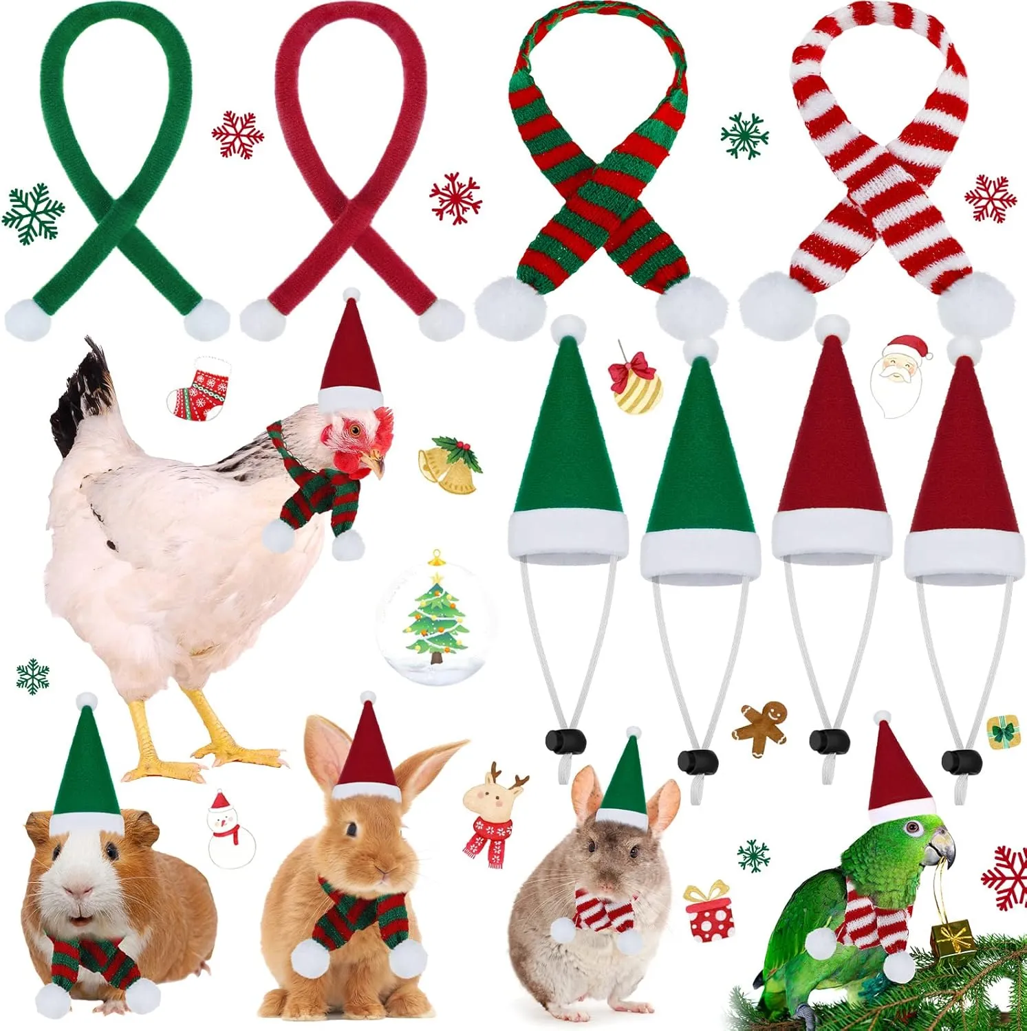 8 Pack Christmas Small Animal Costume Guinea Pig Santa Hat with Scarf for Chicken Rabbit Ferret Hamster Chinchilla Hedgehog Lizard Holiday Christmas Party Outfit