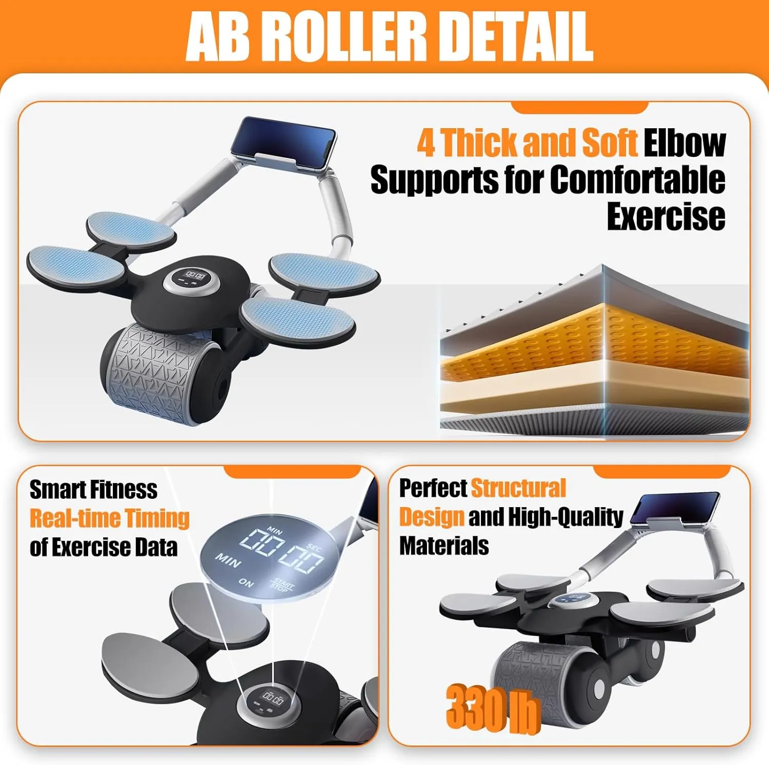 Ab Roller Wheel Automatic Rebound with 4 Elbow Supports