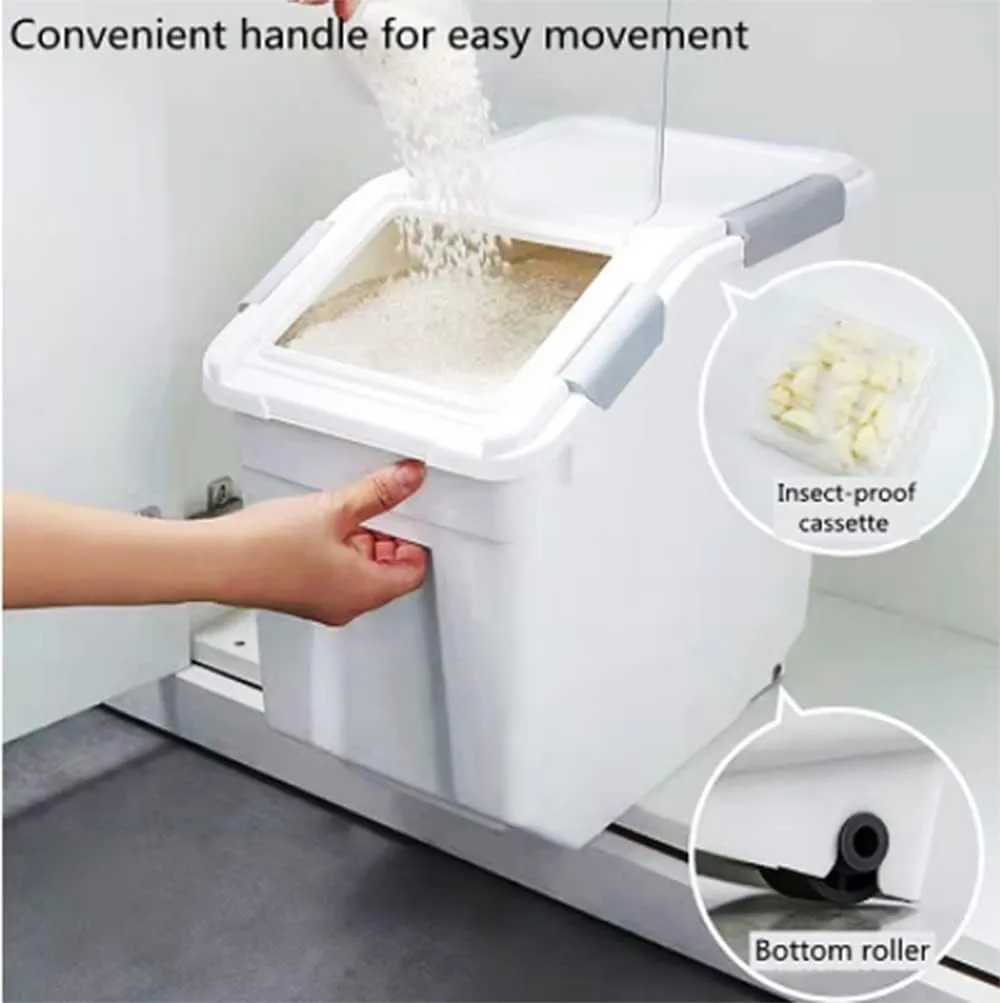 Airtight Flour Storage Container 25 lb Rice Storage Container with Wheels Seal Locking Lid, Food Containers with Measuring Cup& Scoop for Flour, Rice, Grain, Gray, 2Pack