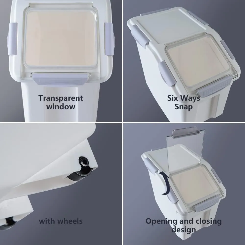 Airtight Flour Storage Container 25 lb Rice Storage Container with Wheels Seal Locking Lid, Food Containers with Measuring Cup& Scoop for Flour, Rice, Grain, Gray, 2Pack