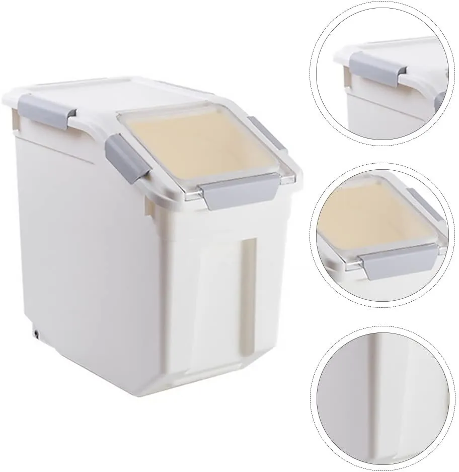 Airtight Flour Storage Container 25 lb Rice Storage Container with Wheels Seal Locking Lid, Food Containers with Measuring Cup& Scoop for Flour, Rice, Grain, Gray, 2Pack