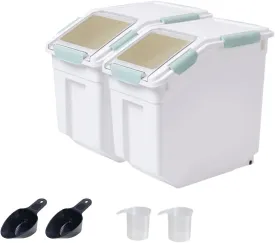 Airtight Flour Storage Container 25 lb Rice Storage Container with Wheels Seal Locking Lid, Food Containers with Measuring Cup& Scoop for Flour, Rice, Grain, Gray, 2Pack