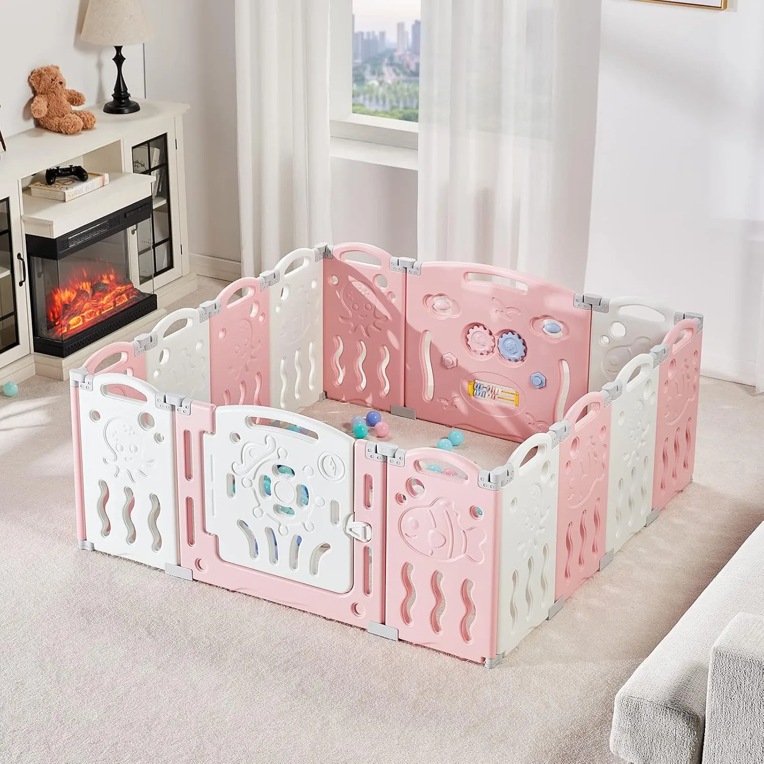 Albott Baby Playpen, Upgraded 14 Panels Foldable Fence with Game Panel and Safety Gate, Adjustable Shape, Portable Play Yards for Children Toddlers Indoor or Outdoors (Pink White,14 Panel), 1.0 Sq Ft
