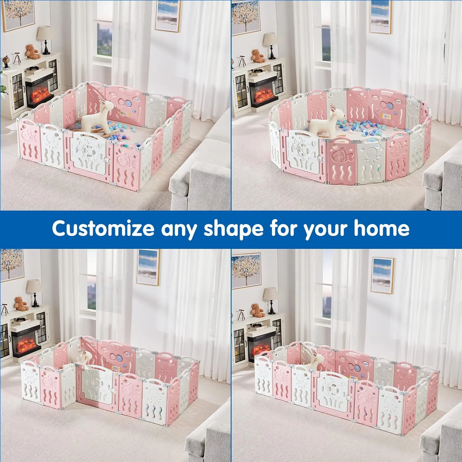 Albott Baby Playpen, Upgraded 14 Panels Foldable Fence with Game Panel and Safety Gate, Adjustable Shape, Portable Play Yards for Children Toddlers Indoor or Outdoors (Pink White,14 Panel), 1.0 Sq Ft