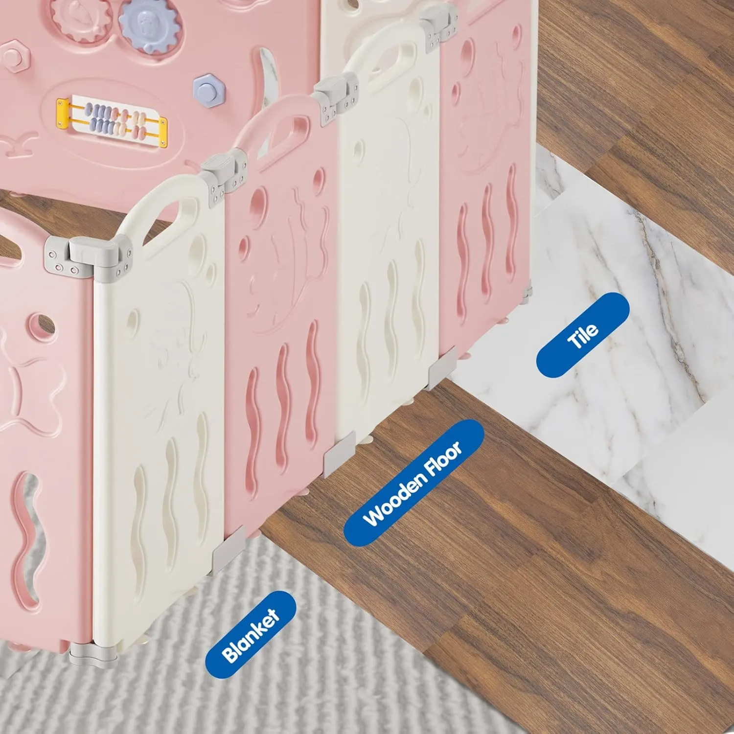 Albott Baby Playpen, Upgraded 14 Panels Foldable Fence with Game Panel and Safety Gate, Adjustable Shape, Portable Play Yards for Children Toddlers Indoor or Outdoors (Pink White,14 Panel), 1.0 Sq Ft