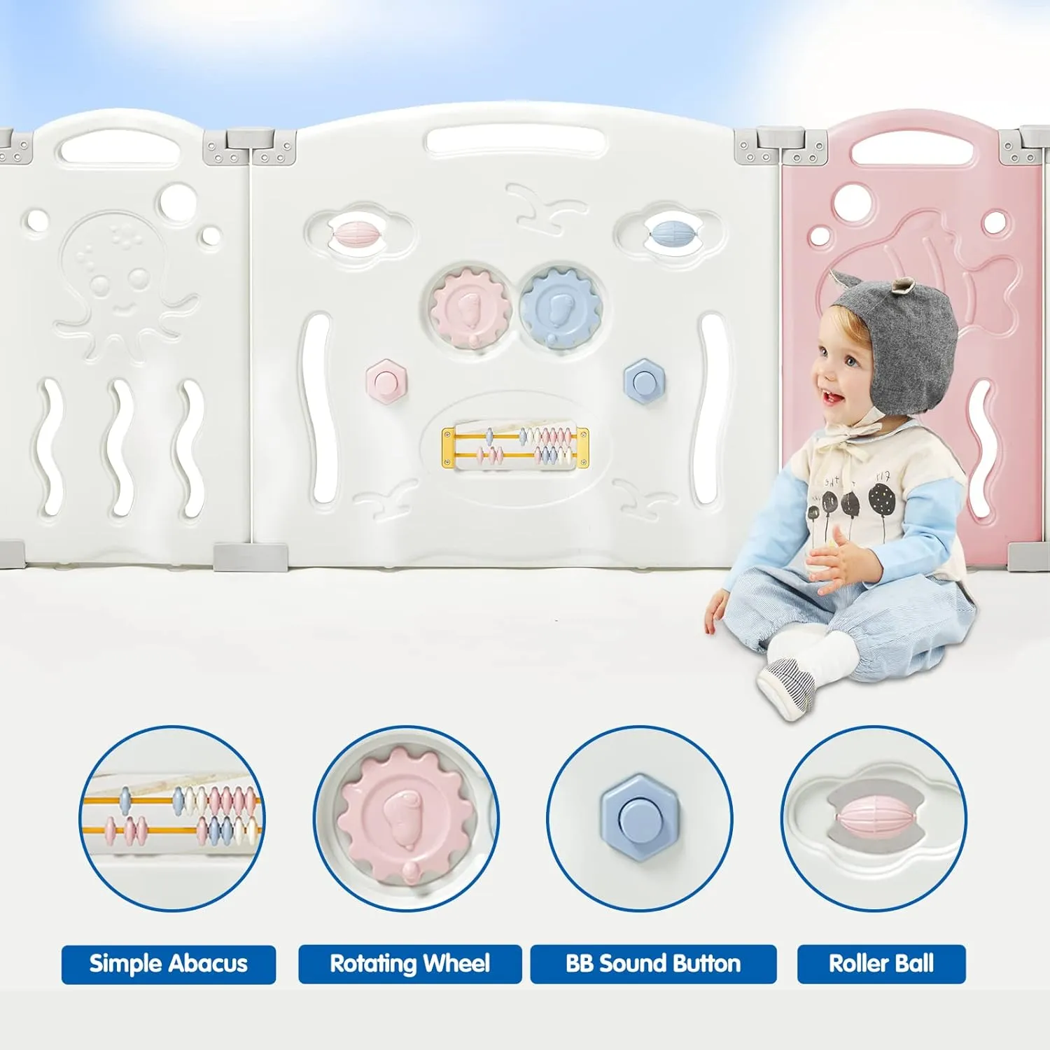 Albott Baby Playpen, Upgraded 14 Panels Foldable Fence with Game Panel and Safety Gate, Adjustable Shape, Portable Play Yards for Children Toddlers Indoor or Outdoors (Pink White,14 Panel), 1.0 Sq Ft