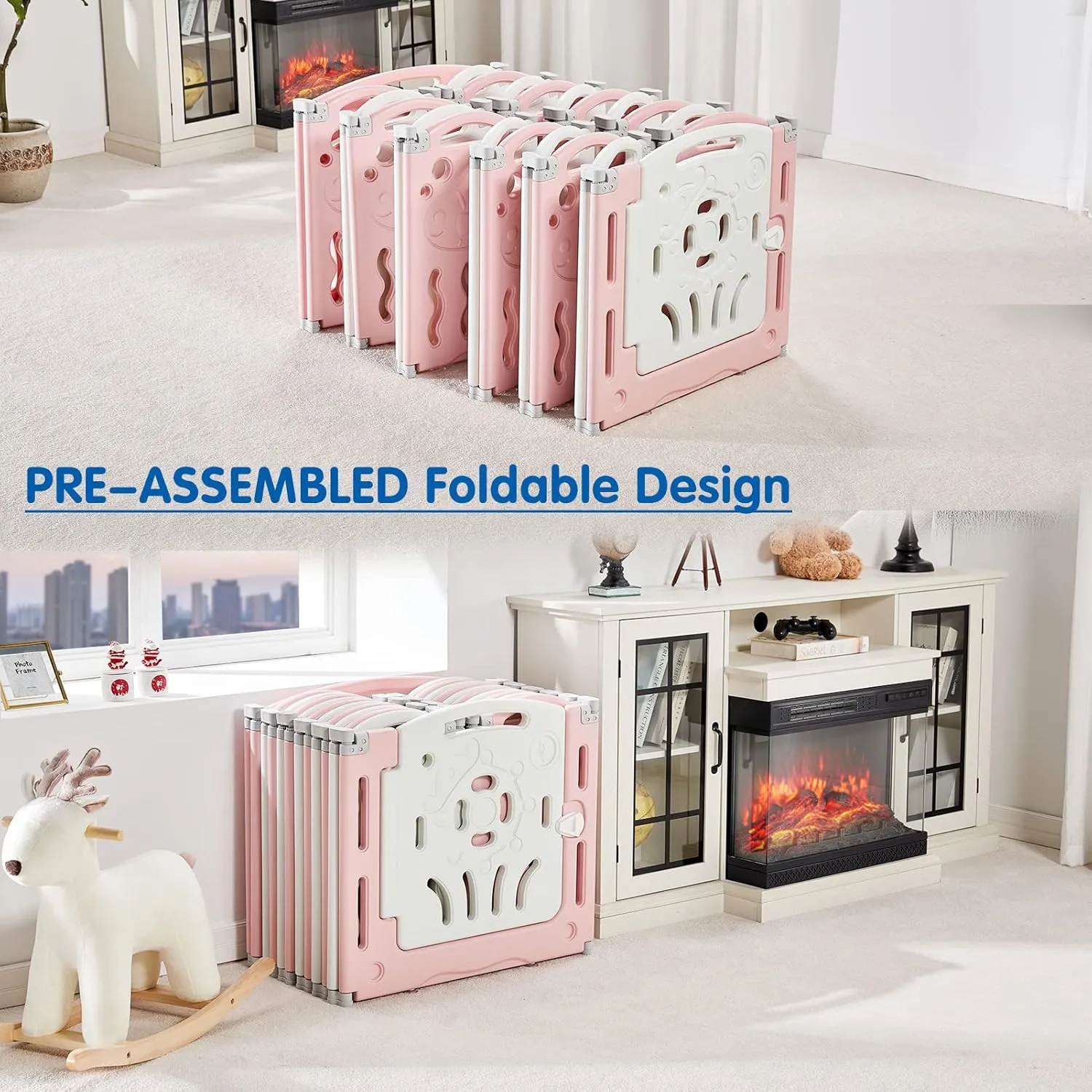 Albott Baby Playpen, Upgraded 14 Panels Foldable Fence with Game Panel and Safety Gate, Adjustable Shape, Portable Play Yards for Children Toddlers Indoor or Outdoors (Pink White,14 Panel), 1.0 Sq Ft