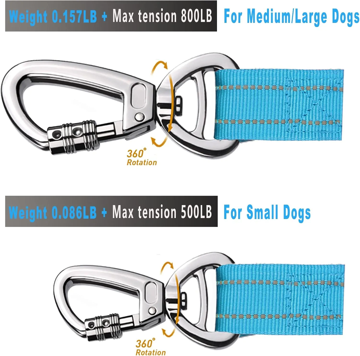 AUBELL Tactical Dog Leash Heavy Duty,4-6ft Reflective Strong No Pull Bungee Leash for Medium Large Dogs with Comfortable Padded Double Handle,Car Seat Belt,360 Degree Rotating Carabiner,Blue