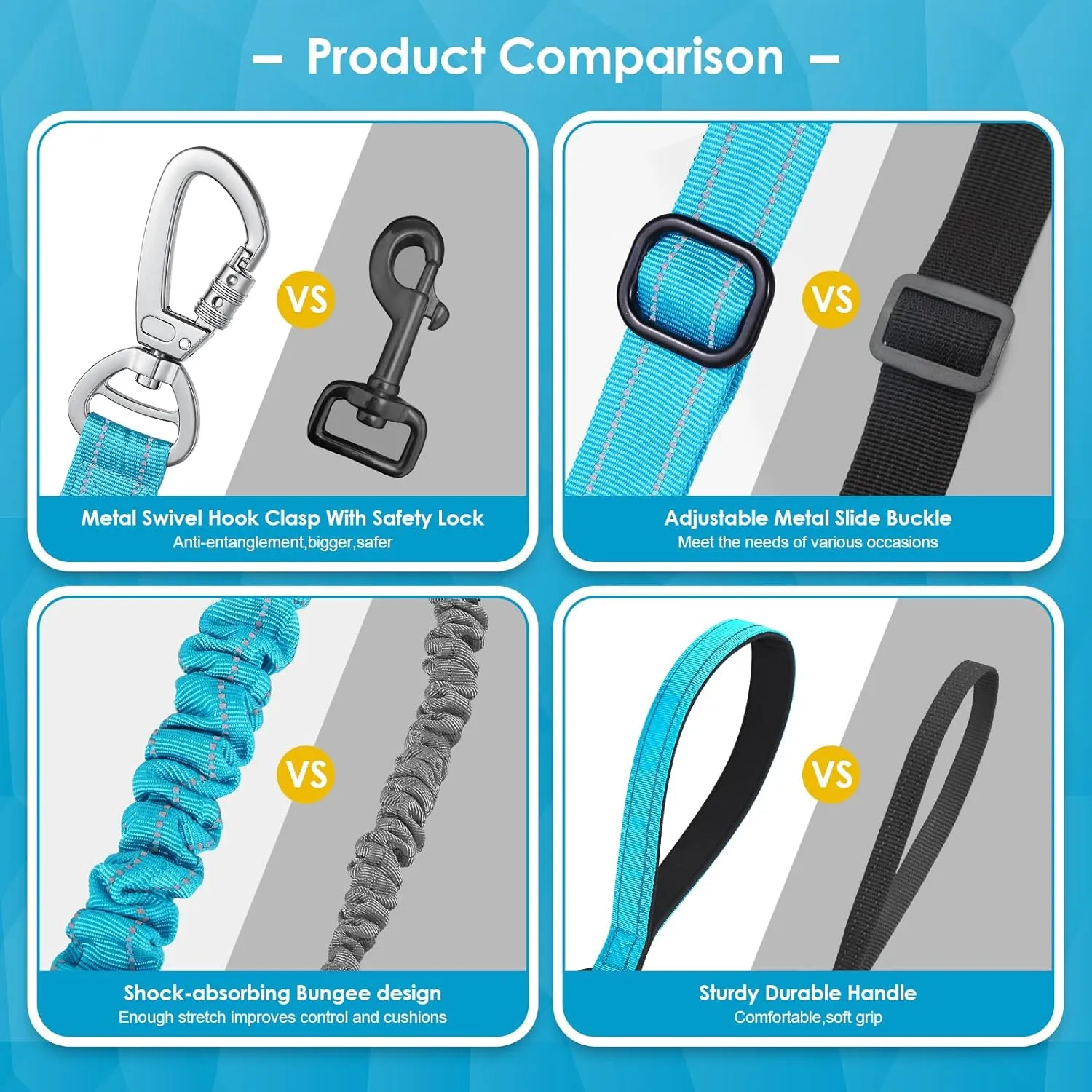 AUBELL Tactical Dog Leash Heavy Duty,4-6ft Reflective Strong No Pull Bungee Leash for Medium Large Dogs with Comfortable Padded Double Handle,Car Seat Belt,360 Degree Rotating Carabiner,Blue