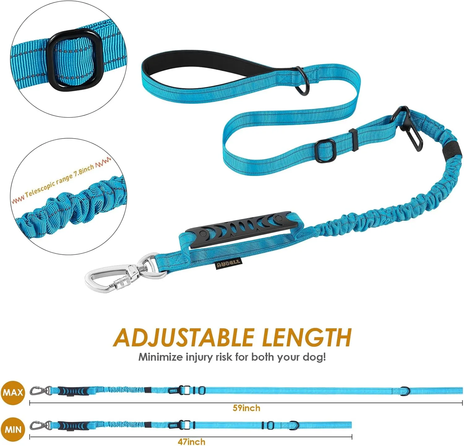 AUBELL Tactical Dog Leash Heavy Duty,4-6ft Reflective Strong No Pull Bungee Leash for Medium Large Dogs with Comfortable Padded Double Handle,Car Seat Belt,360 Degree Rotating Carabiner,Blue