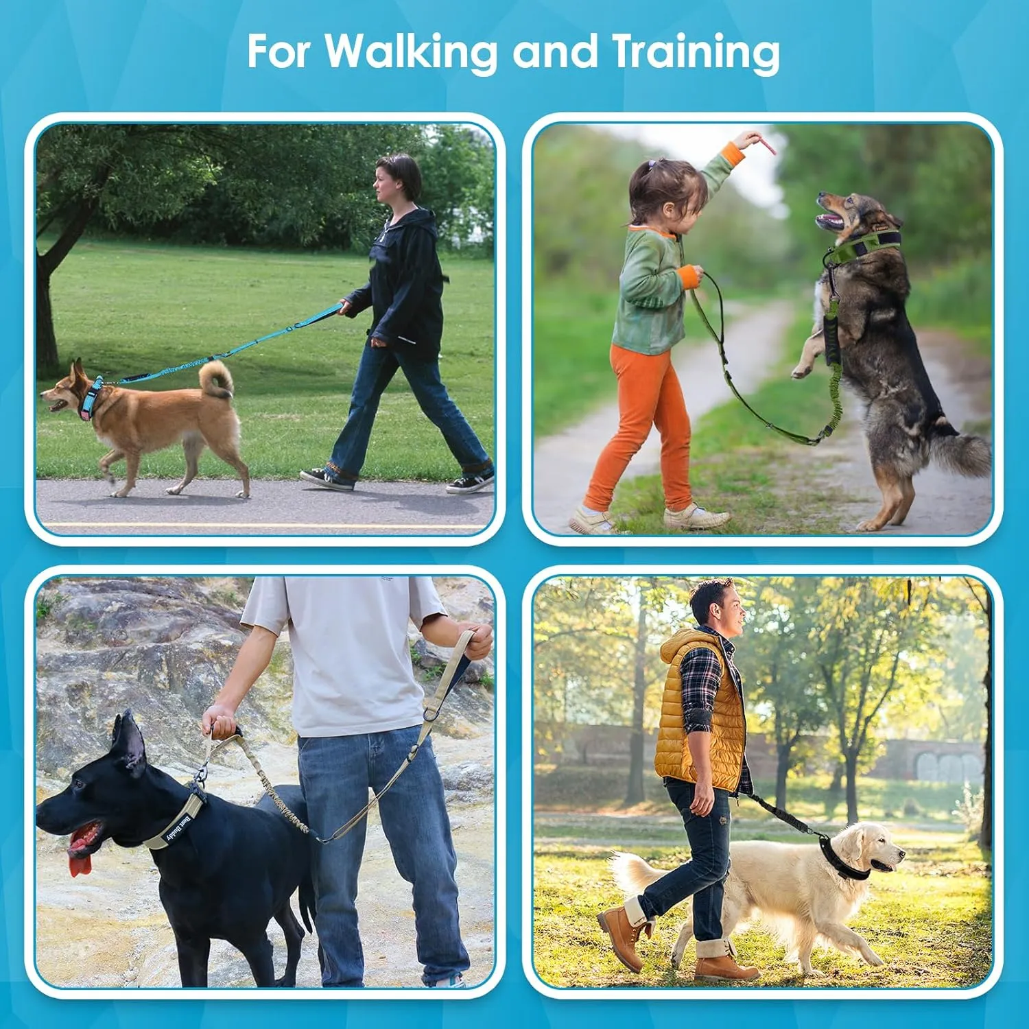 AUBELL Tactical Dog Leash Heavy Duty,4-6ft Reflective Strong No Pull Bungee Leash for Medium Large Dogs with Comfortable Padded Double Handle,Car Seat Belt,360 Degree Rotating Carabiner,Blue