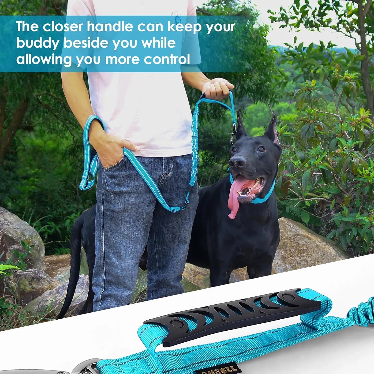 AUBELL Tactical Dog Leash Heavy Duty,4-6ft Reflective Strong No Pull Bungee Leash for Medium Large Dogs with Comfortable Padded Double Handle,Car Seat Belt,360 Degree Rotating Carabiner,Blue