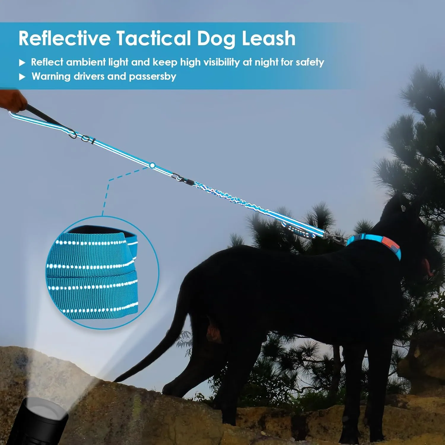 AUBELL Tactical Dog Leash Heavy Duty,4-6ft Reflective Strong No Pull Bungee Leash for Medium Large Dogs with Comfortable Padded Double Handle,Car Seat Belt,360 Degree Rotating Carabiner,Blue