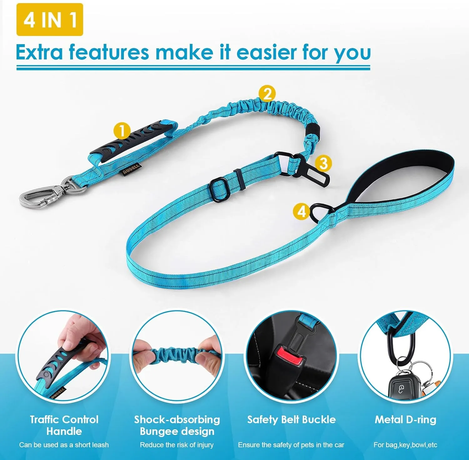 AUBELL Tactical Dog Leash Heavy Duty,4-6ft Reflective Strong No Pull Bungee Leash for Medium Large Dogs with Comfortable Padded Double Handle,Car Seat Belt,360 Degree Rotating Carabiner,Blue
