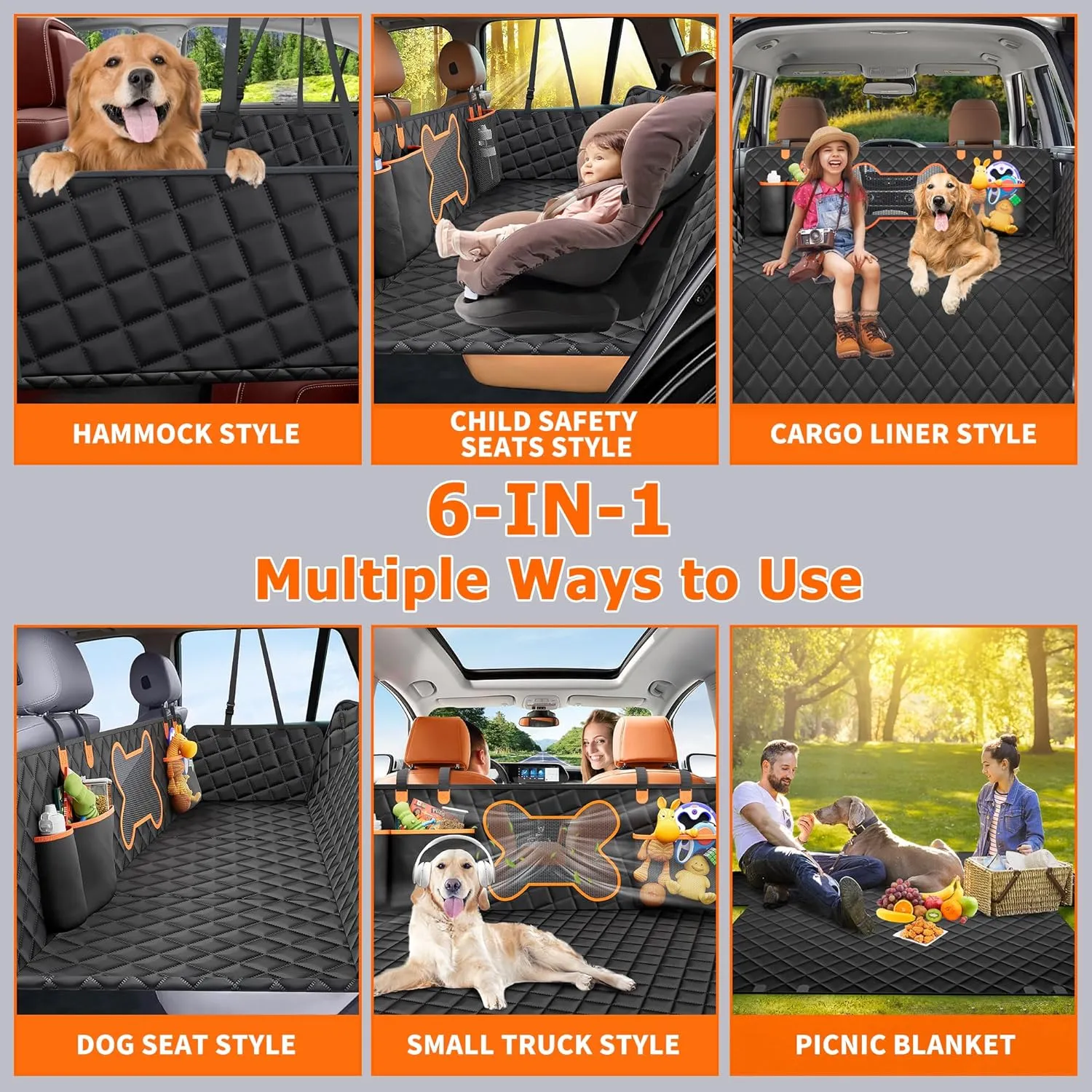 Back Seat Extender for Dogs, Large Space, Hard Bottom Car Seat Cover for Dogs, Waterproof Back Seat Pet Cover for Dog Hammock for Car (Black with Bone-Shaped Window, for Cars/SUV/Small Truck)