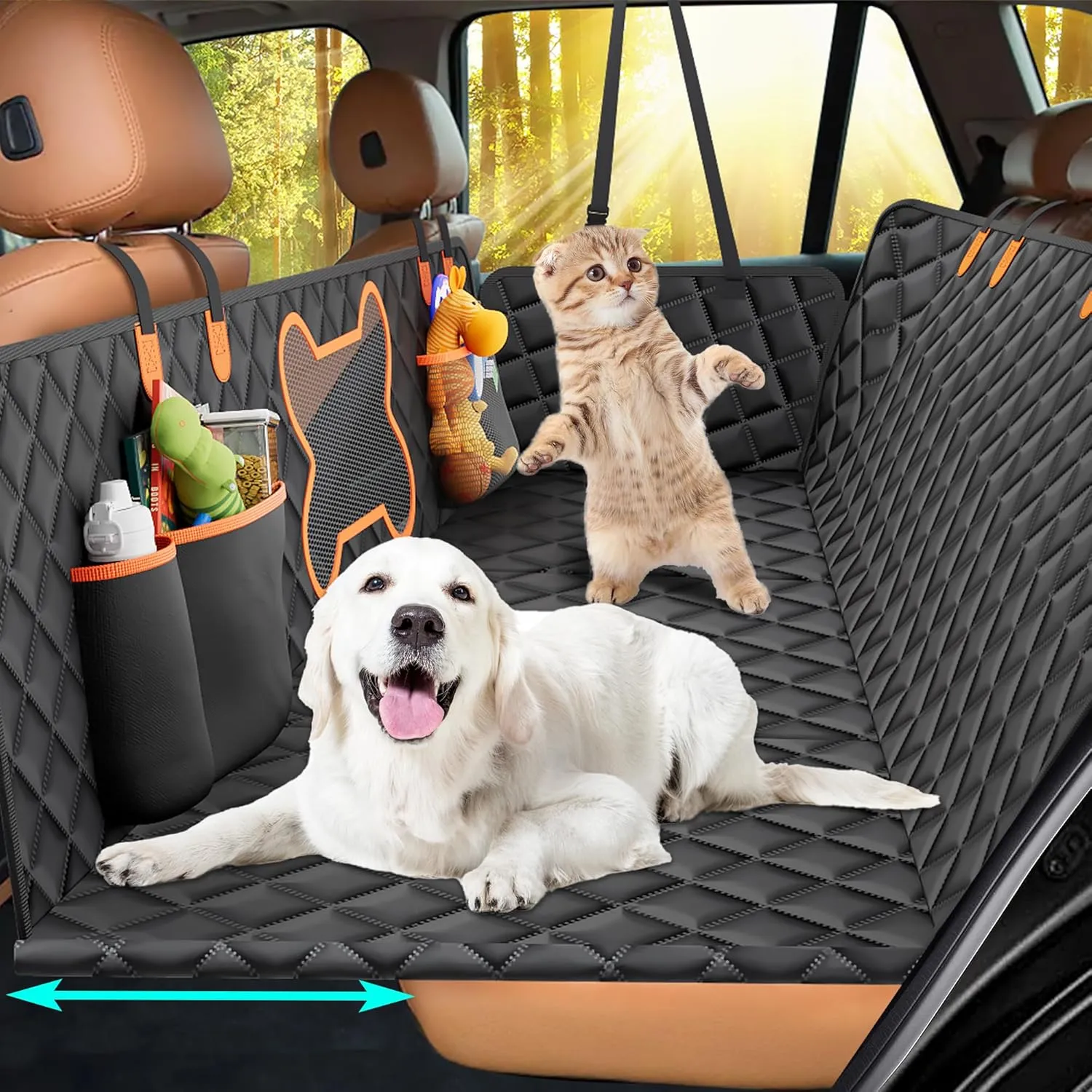Back Seat Extender for Dogs, Large Space, Hard Bottom Car Seat Cover for Dogs, Waterproof Back Seat Pet Cover for Dog Hammock for Car (Black with Bone-Shaped Window, for Cars/SUV/Small Truck)