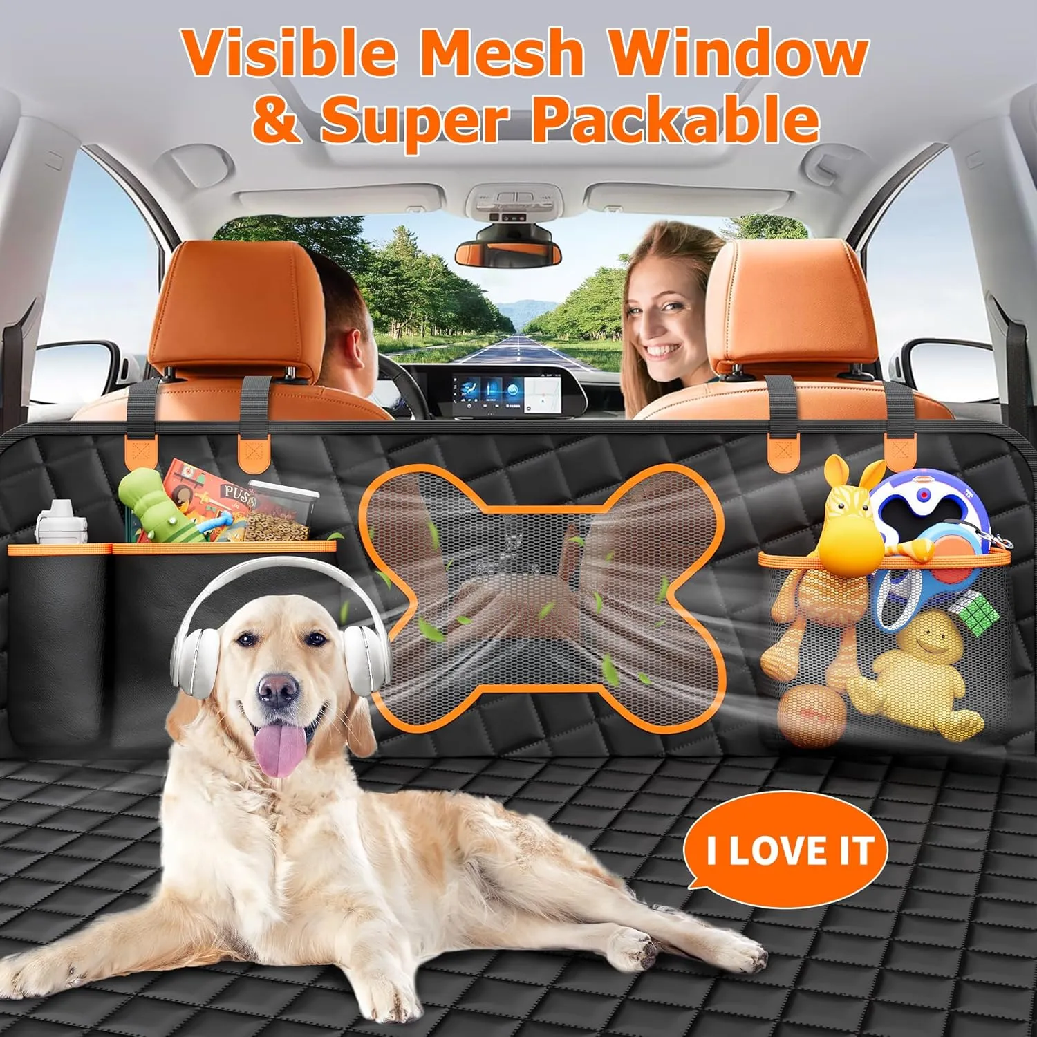 Back Seat Extender for Dogs, Large Space, Hard Bottom Car Seat Cover for Dogs, Waterproof Back Seat Pet Cover for Dog Hammock for Car (Black with Bone-Shaped Window, for Cars/SUV/Small Truck)