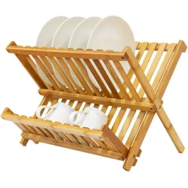 Bamboo Folding Dish Rack, Natural Bamboo [100% Organic] 2-Tier Collapsible Dish Drying Rack; Kitchen Utensil Holder; Wooden Dish Drainer for Dish/Plate/ Bowl/Cup/ Pot Lid