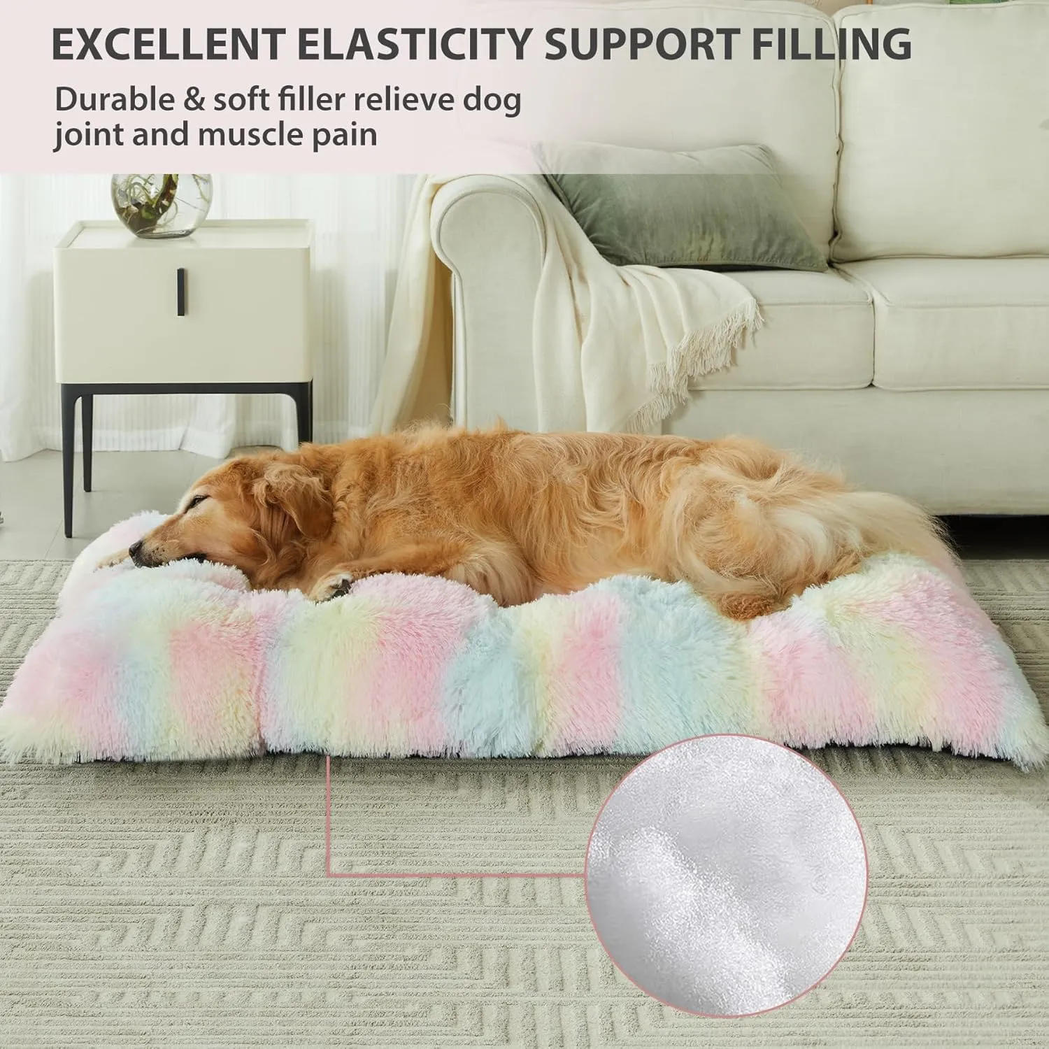 BFPETHOME Dog Beds for Large Dogs, Plush Dog Crate Bed Fluffy Cozy Kennel Pad for Sleeping &Ease Anxiety, Washable Pet Mats with Anti-Slip Bottom for Large Dogs, Rainbow