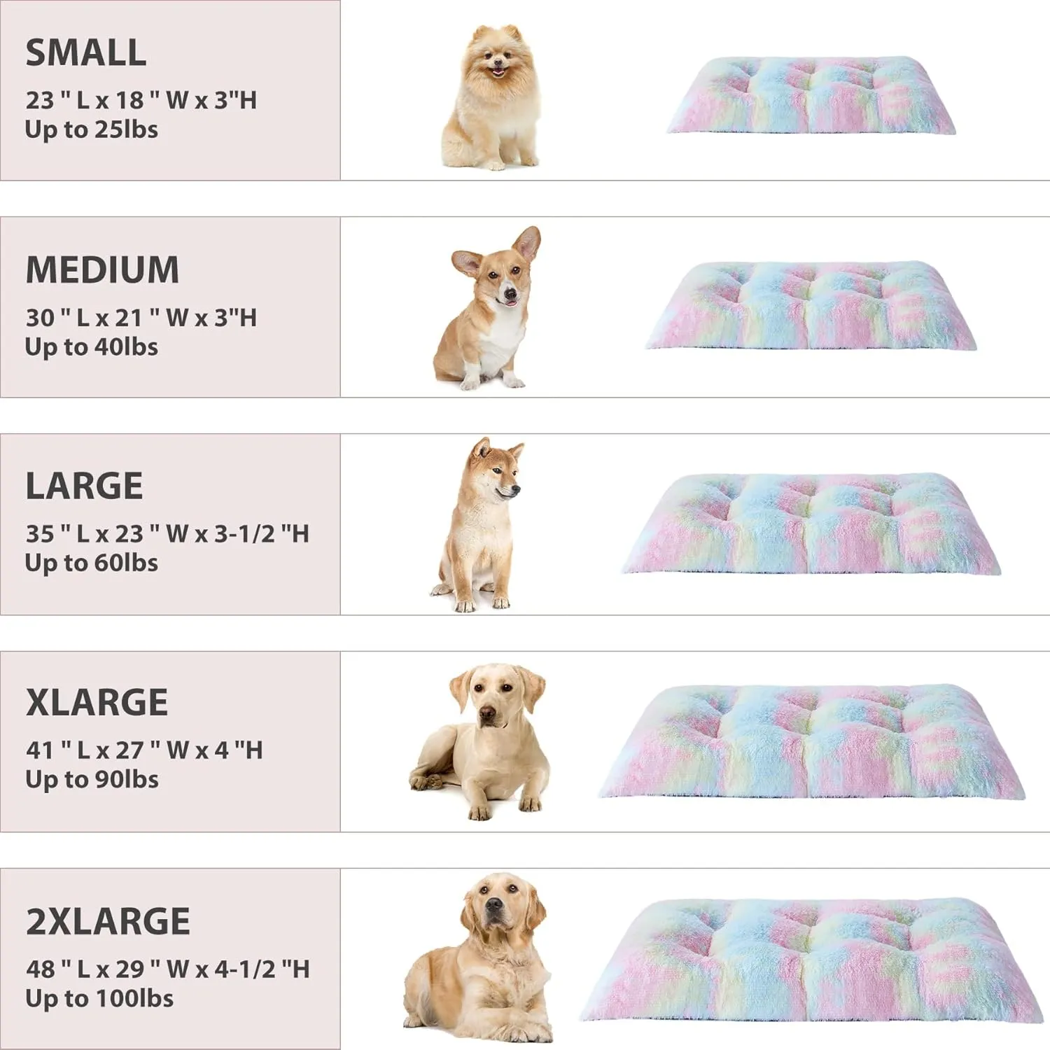 BFPETHOME Dog Beds for Large Dogs, Plush Dog Crate Bed Fluffy Cozy Kennel Pad for Sleeping &Ease Anxiety, Washable Pet Mats with Anti-Slip Bottom for Large Dogs, Rainbow