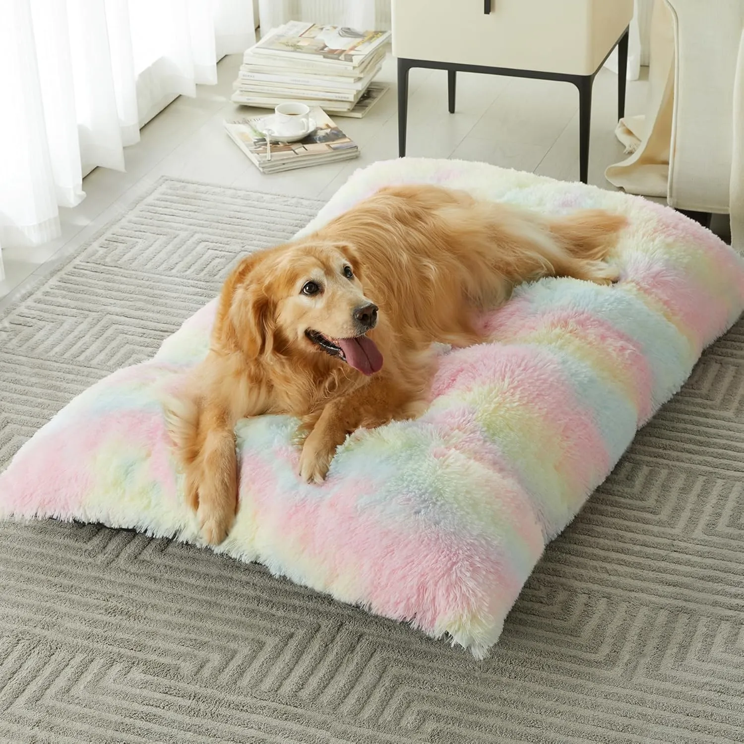 BFPETHOME Dog Beds for Large Dogs, Plush Dog Crate Bed Fluffy Cozy Kennel Pad for Sleeping &Ease Anxiety, Washable Pet Mats with Anti-Slip Bottom for Large Dogs, Rainbow