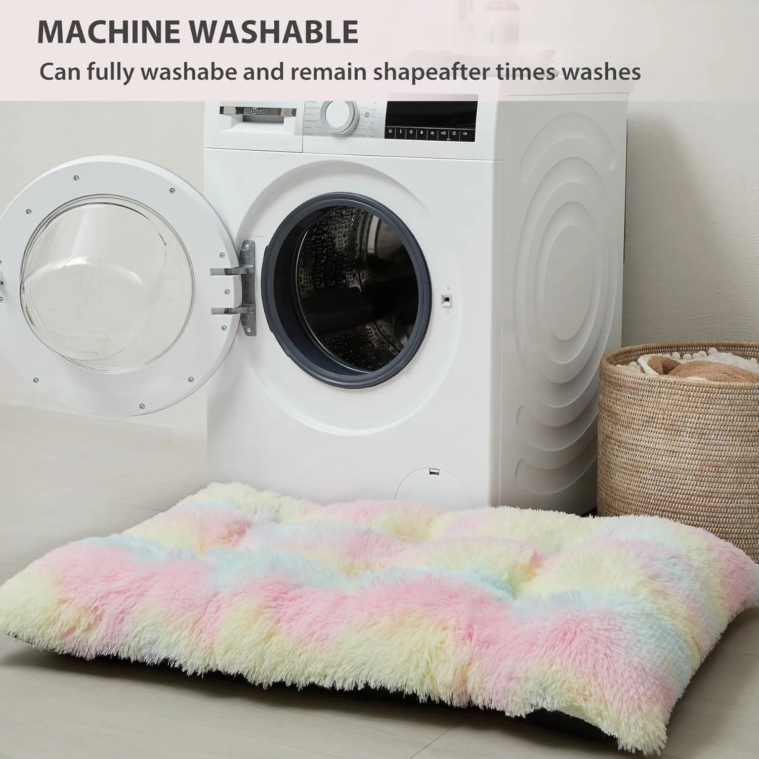 BFPETHOME Dog Beds for Large Dogs, Plush Dog Crate Bed Fluffy Cozy Kennel Pad for Sleeping &Ease Anxiety, Washable Pet Mats with Anti-Slip Bottom for Large Dogs, Rainbow