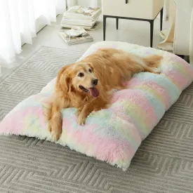 BFPETHOME Dog Beds for Large Dogs, Plush Dog Crate Bed Fluffy Cozy Kennel Pad for Sleeping &Ease Anxiety, Washable Pet Mats with Anti-Slip Bottom for Large Dogs, Rainbow