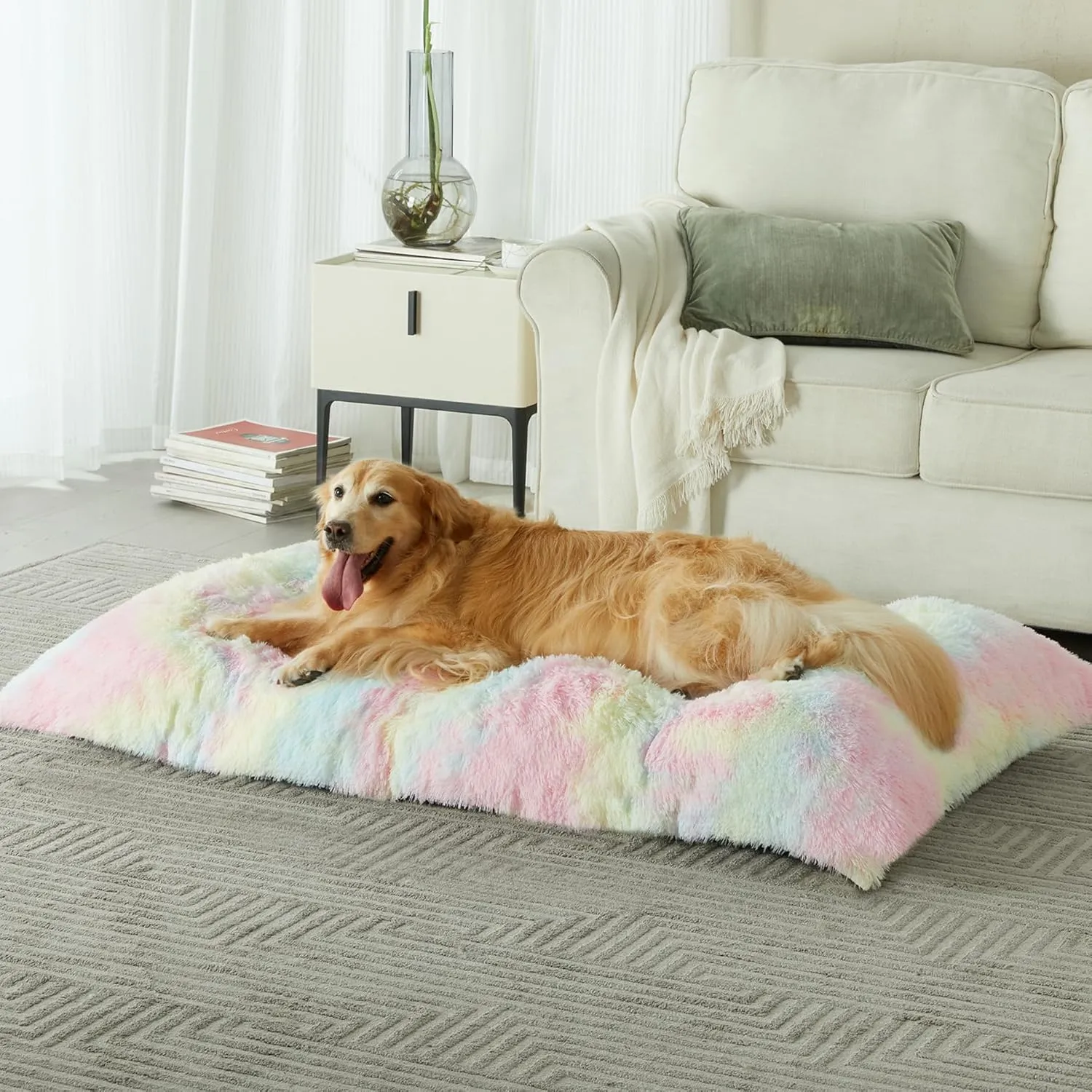 BFPETHOME Dog Beds for Large Dogs, Plush Dog Crate Bed Fluffy Cozy Kennel Pad for Sleeping &Ease Anxiety, Washable Pet Mats with Anti-Slip Bottom for Large Dogs, Rainbow