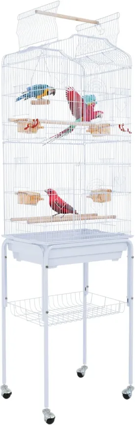 Birdcages, 64 in Play Open Top Indoor/Outdoor Iron Large Bird Cage, Floor-Standing with Casters Detachable Rolling Stand Parrot Cage for Parrots Conures Lovebird Cockatiel Parakeets (White)