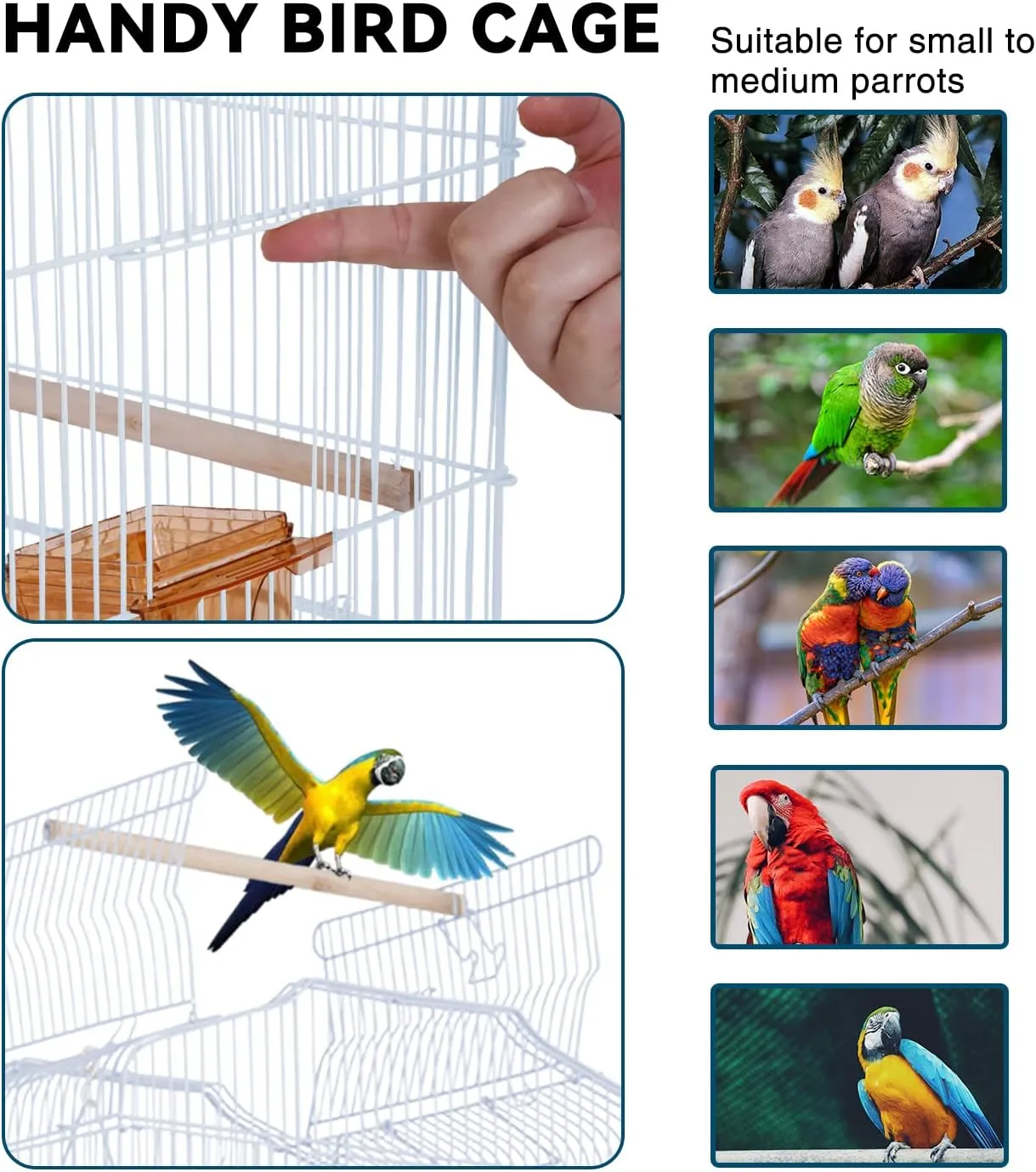 Birdcages, 64 in Play Open Top Indoor/Outdoor Iron Large Bird Cage, Floor-Standing with Casters Detachable Rolling Stand Parrot Cage for Parrots Conures Lovebird Cockatiel Parakeets (White)