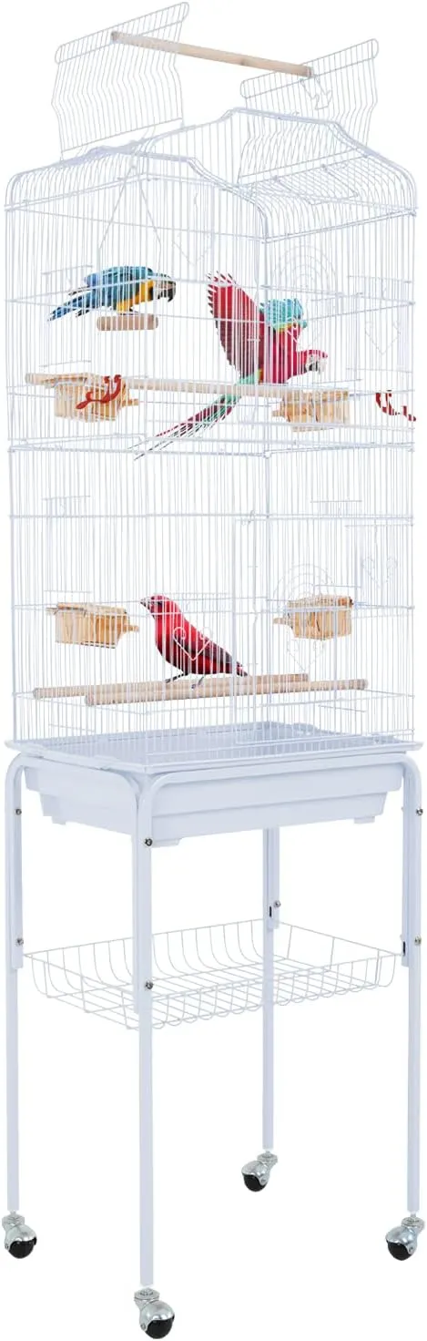 Birdcages, 64 in Play Open Top Indoor/Outdoor Iron Large Bird Cage, Floor-Standing with Casters Detachable Rolling Stand Parrot Cage for Parrots Conures Lovebird Cockatiel Parakeets (White)