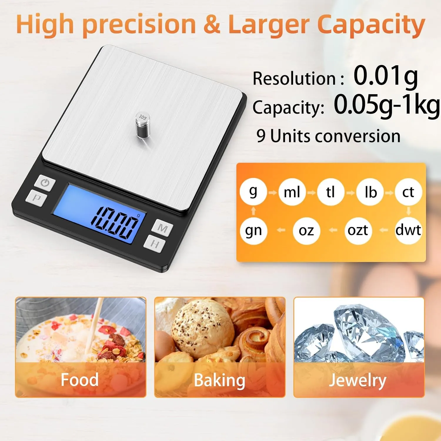 BOMATA 0.01g/1kg Upgraded Small Digital Scale, USB Rechargeable, with Larger Display and Hold,Tare Function, 9 Units, High Precision Digital Scale Grams and oz for Small Item, Kitchen
