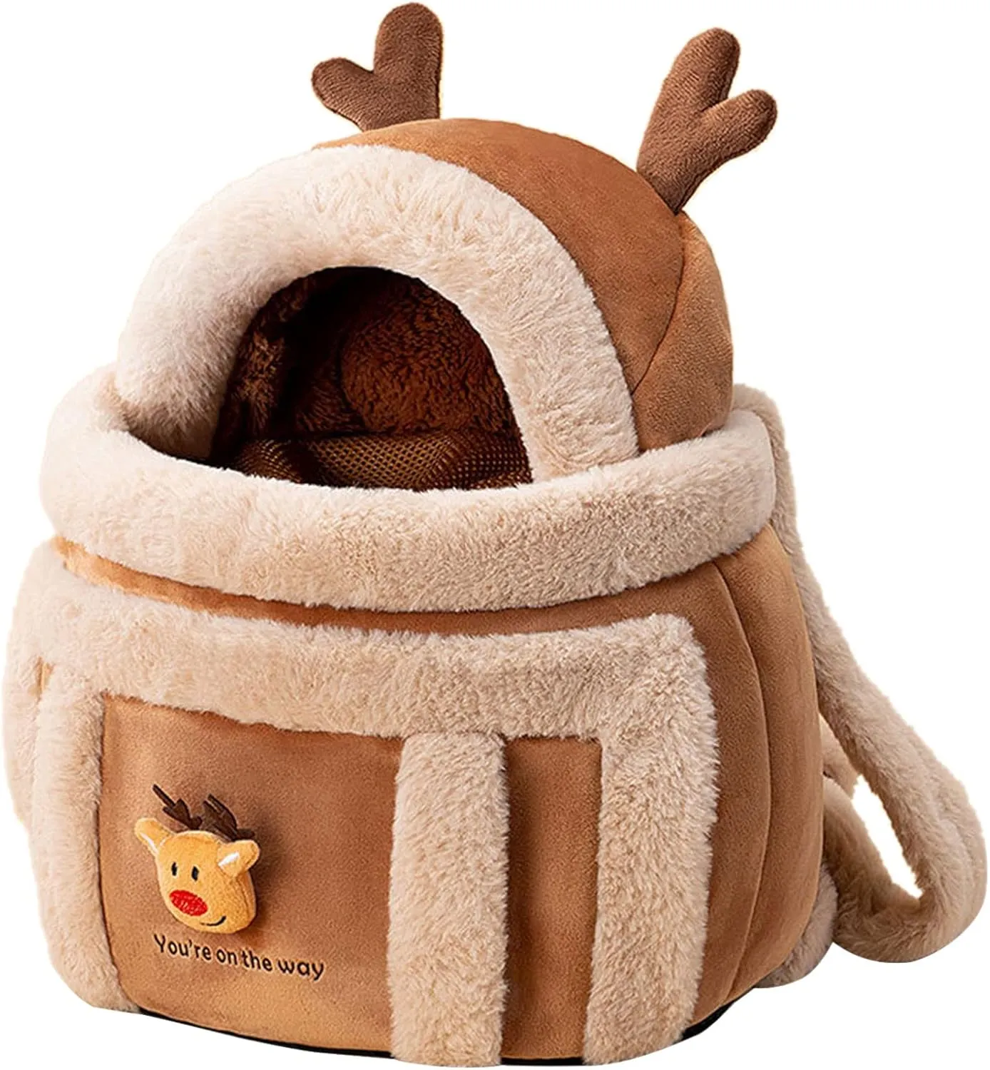 Carrier Bag Backpack Carrier Dog Travel Bag Pet Winter Outdoor Carriers Plush Reindeer Bag with Hand Warmers
