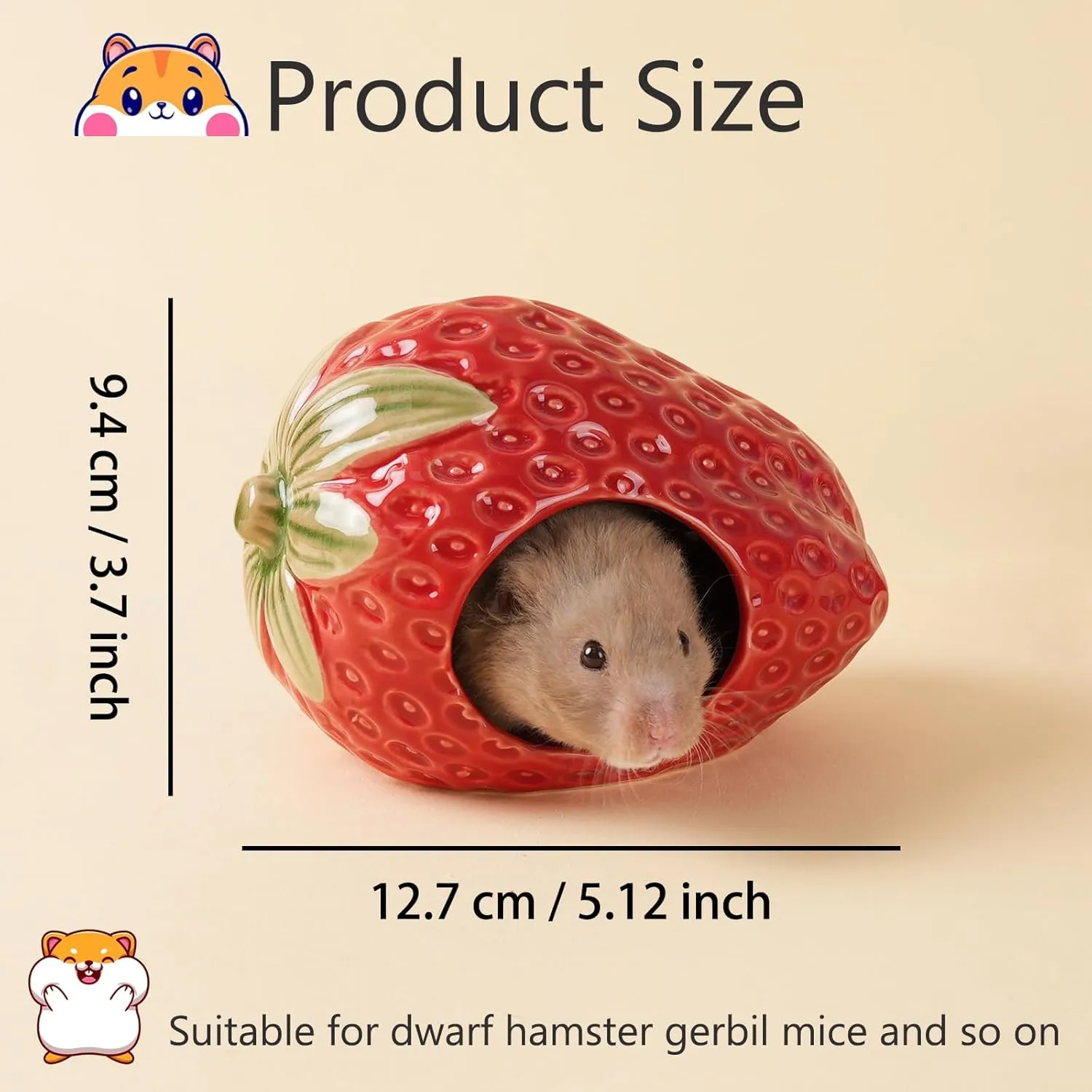 Ceramic Hamster Hideout,Strawberry Dwarf Hamster House,Guinea Pig Habitat Decor, Hideaway House for Gerbil, Cool Bed for All Season(Red)