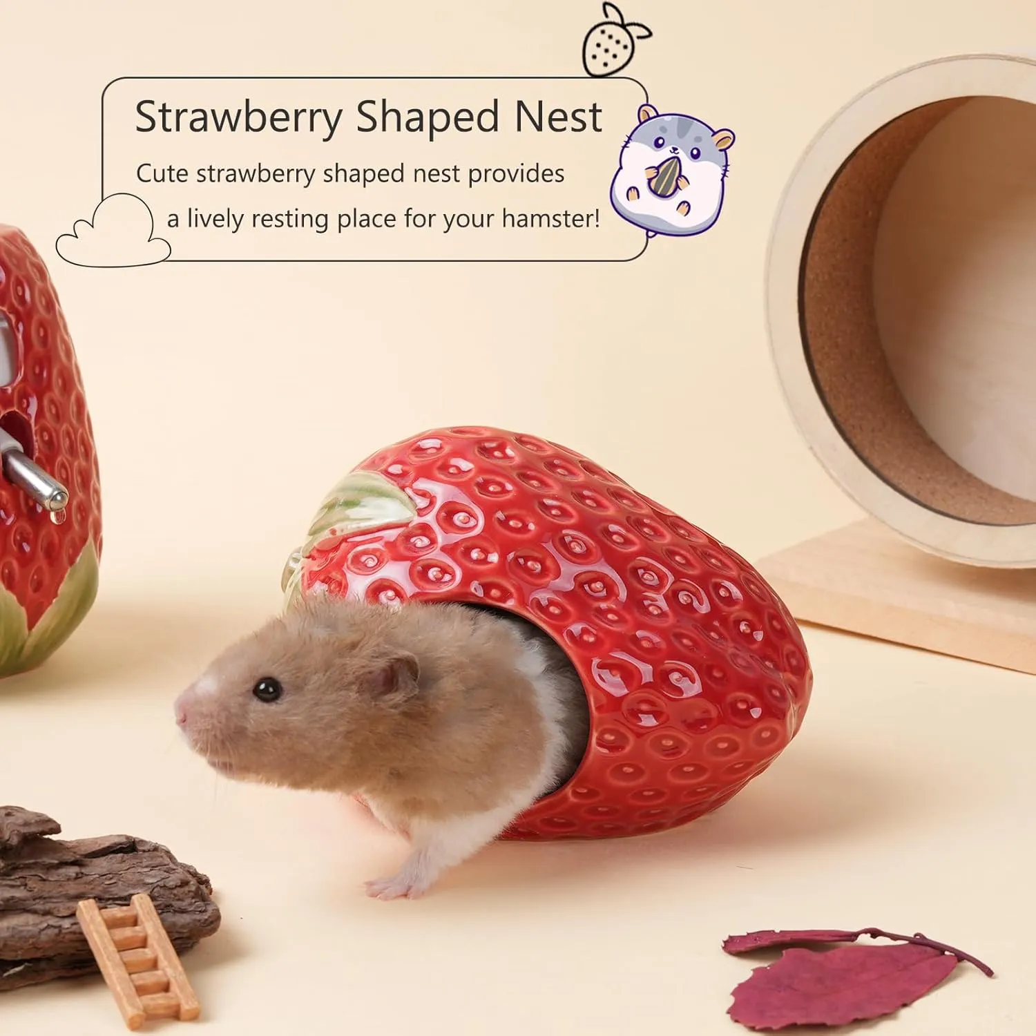 Ceramic Hamster Hideout,Strawberry Dwarf Hamster House,Guinea Pig Habitat Decor, Hideaway House for Gerbil, Cool Bed for All Season(Red)