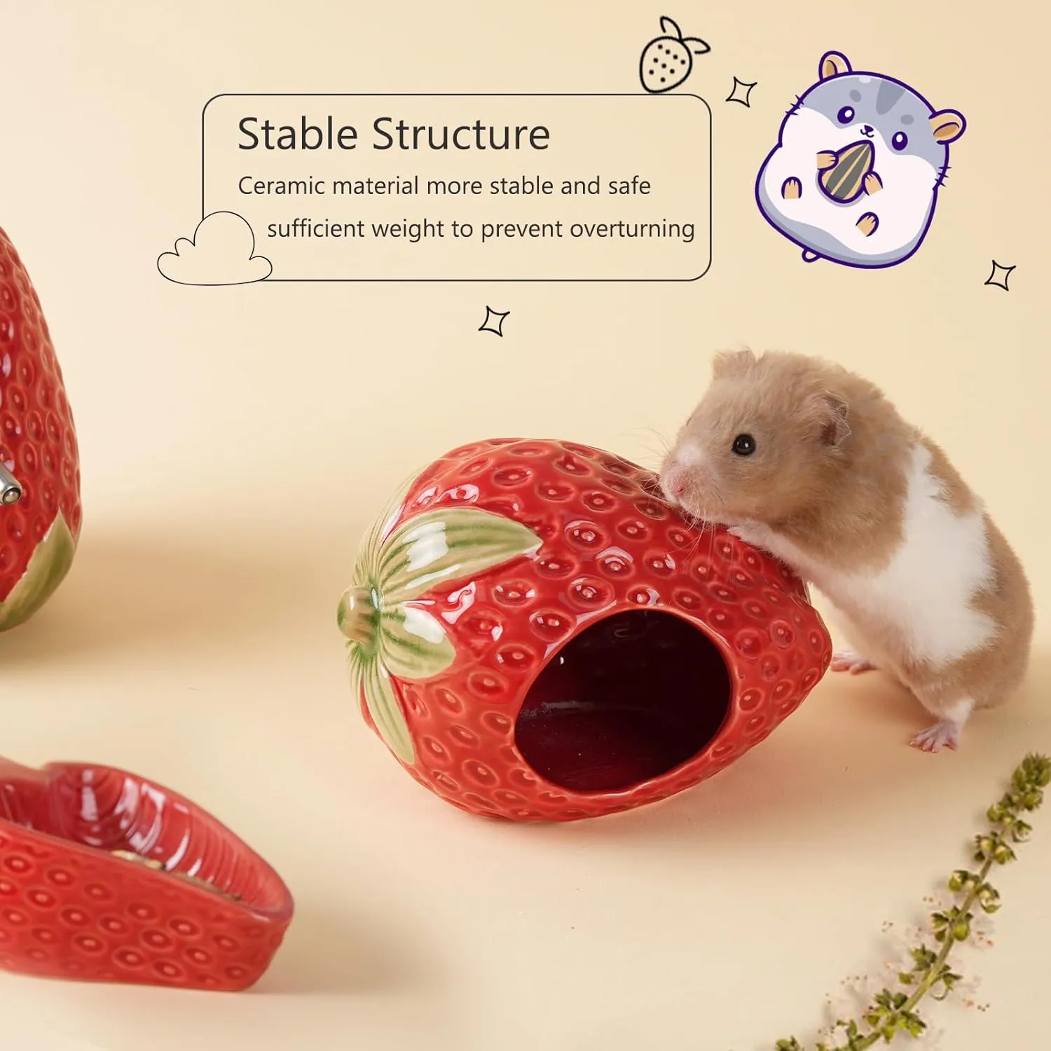 Ceramic Hamster Hideout,Strawberry Dwarf Hamster House,Guinea Pig Habitat Decor, Hideaway House for Gerbil, Cool Bed for All Season(Red)