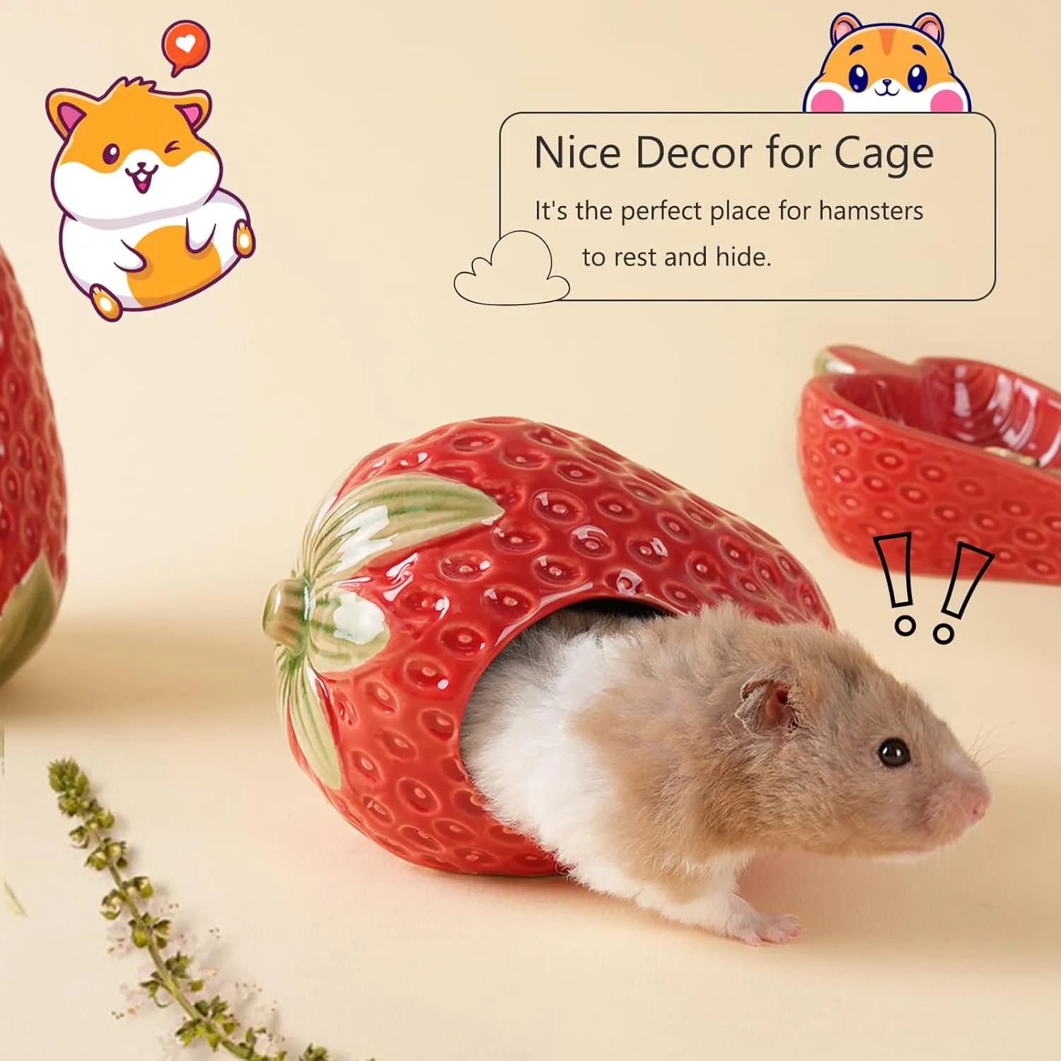 Ceramic Hamster Hideout,Strawberry Dwarf Hamster House,Guinea Pig Habitat Decor, Hideaway House for Gerbil, Cool Bed for All Season(Red)