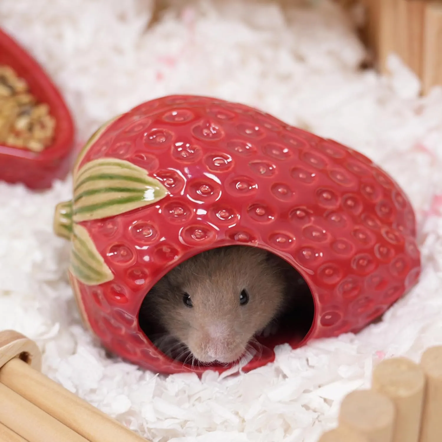 Ceramic Hamster Hideout,Strawberry Dwarf Hamster House,Guinea Pig Habitat Decor, Hideaway House for Gerbil, Cool Bed for All Season(Red)